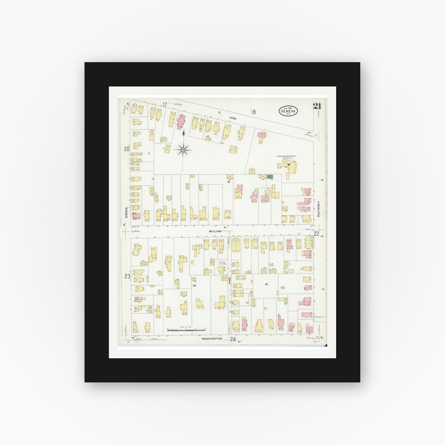 Old map wall art mockup — black gallery frame with white mat — Sanborn Fire Insurance Map from Geneva, Ontario County, New York (1909), Sheet #0021