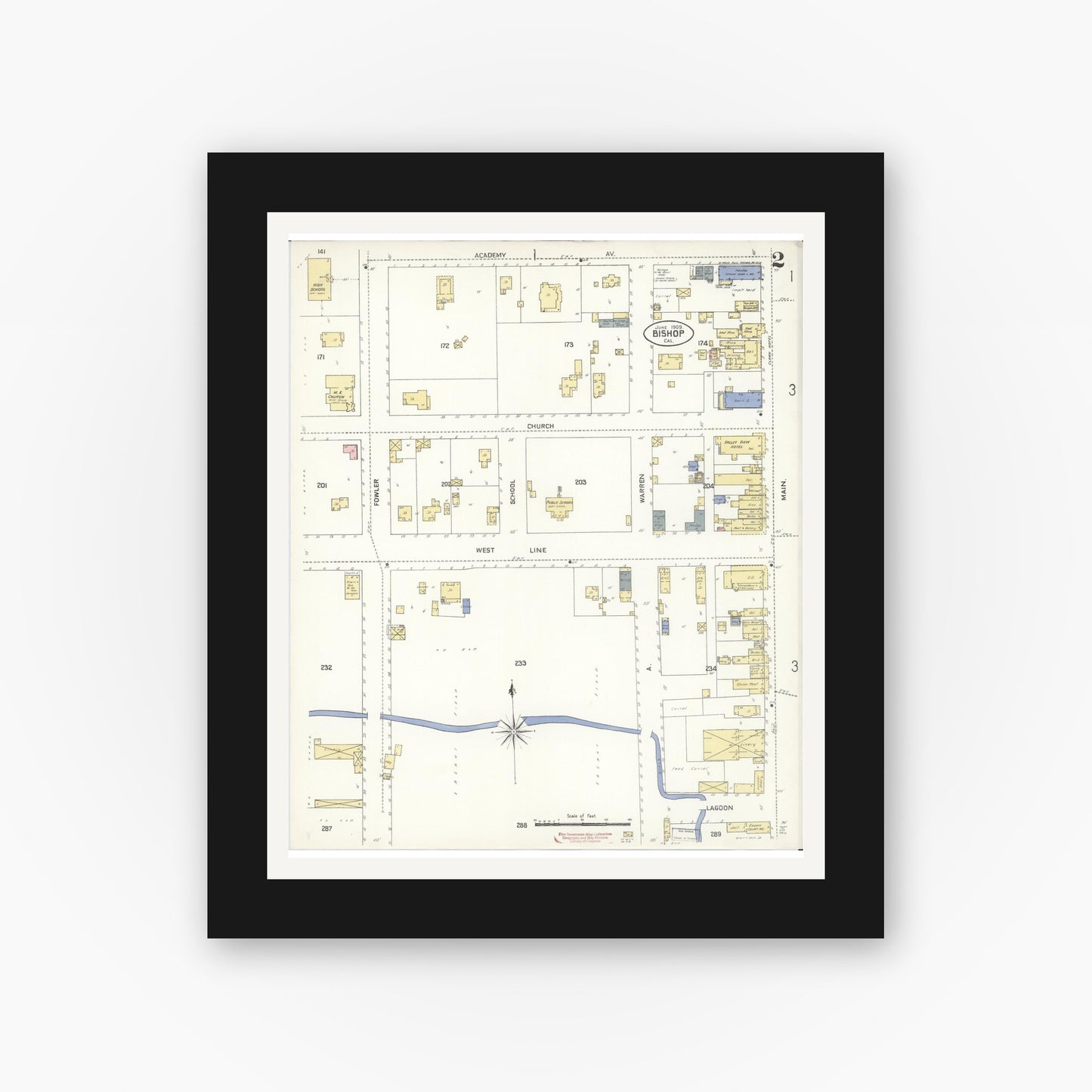 Old map wall art mockup — black gallery frame with white mat — Sanborn Fire Insurance Map from Bishop, Inyo County, California (1909), Sheet #0002