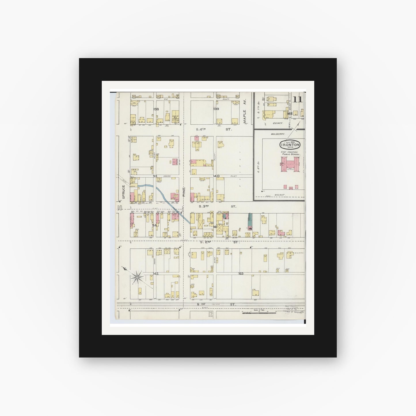 Old map wall art mockup — black gallery frame with white mat — Sanborn Fire Insurance Map from Ironton, Lawrence County, Ohio (1893), Sheet #0011