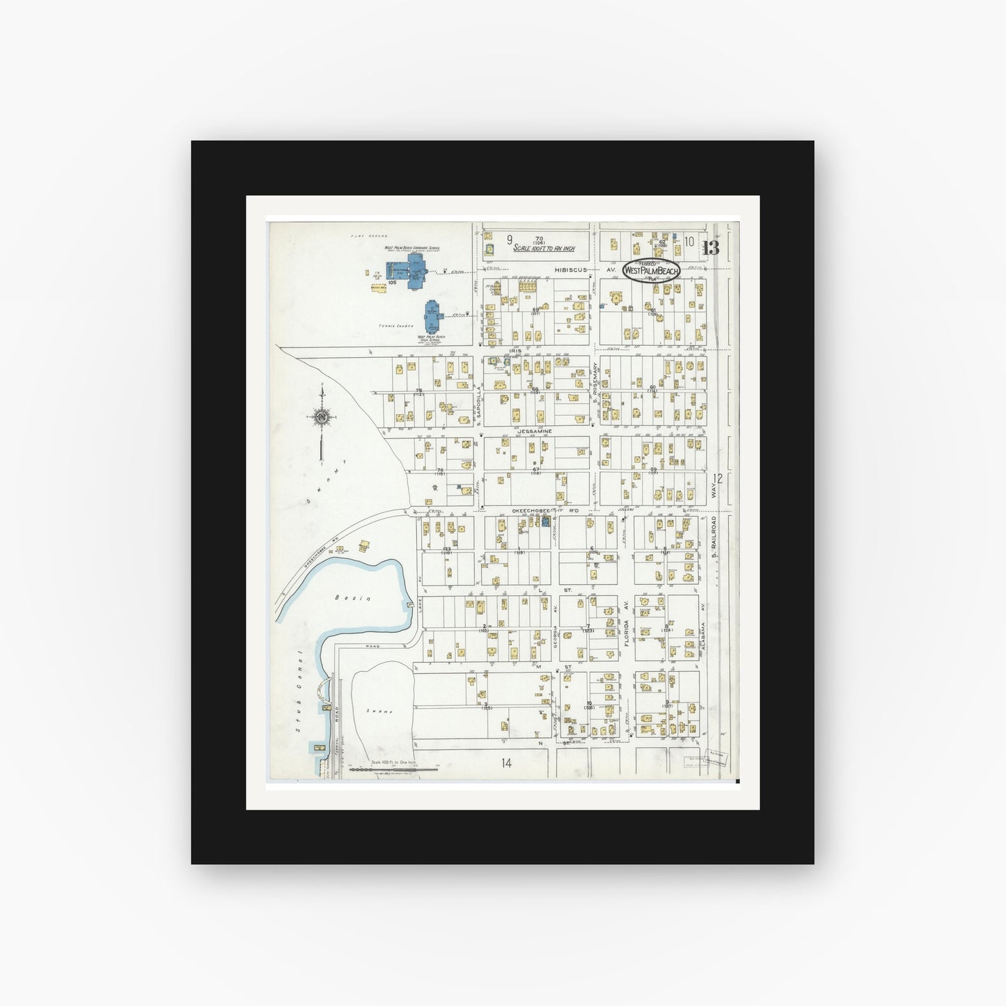 Old map wall art mockup — black gallery frame with white mat — Sanborn Fire Insurance Map from West Palm Beach, Dade County, Florida (1920), Sheet #0013