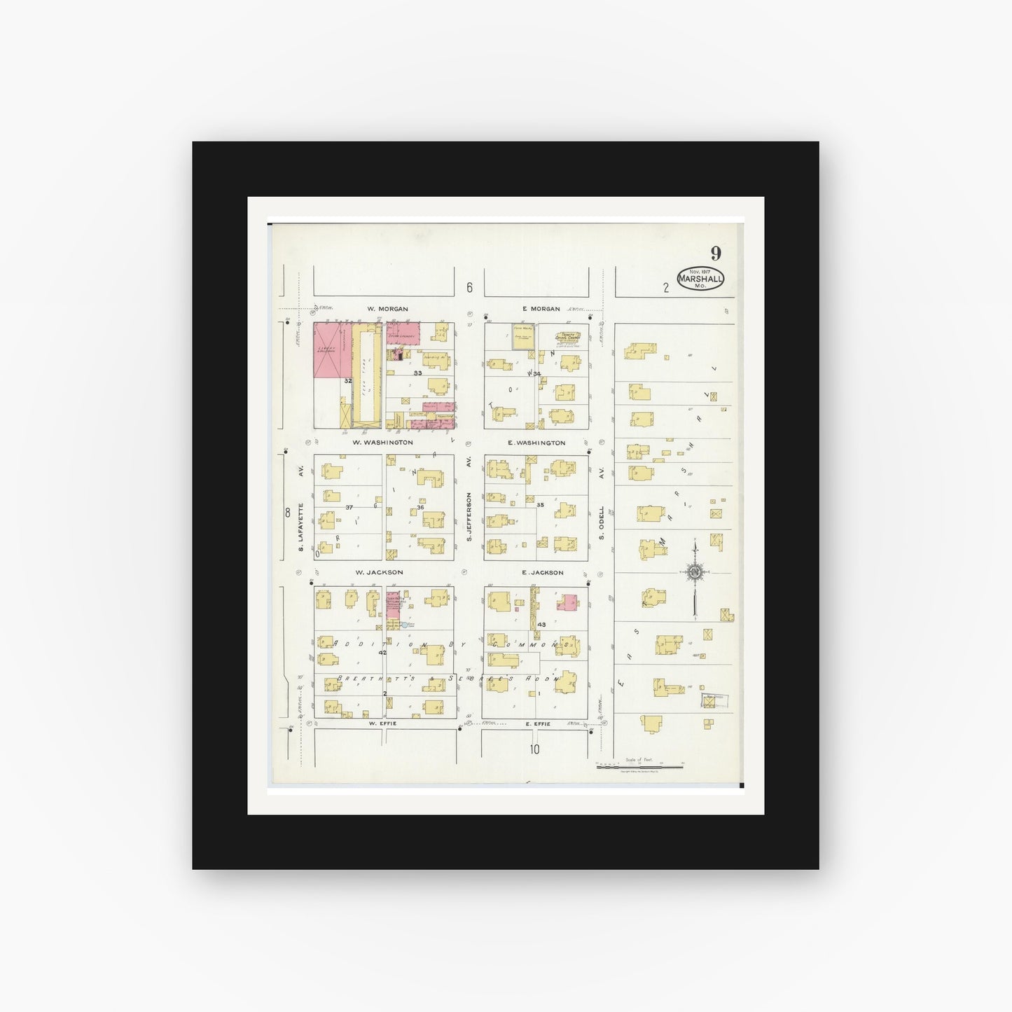Old map wall art mockup — black gallery frame with white mat — Sanborn Fire Insurance Map from Marshall, Saline County, Missouri (1917), Sheet #0009