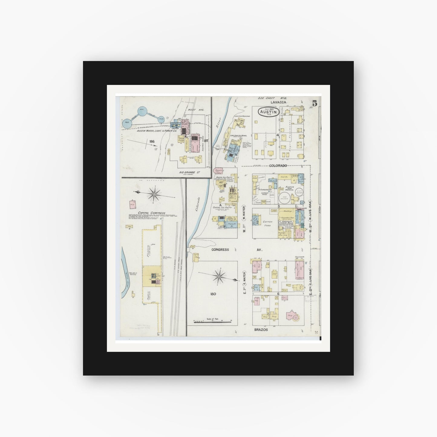 Old map wall art mockup — black gallery frame with white mat — Sanborn Fire Insurance Map from Austin, Travis County, Texas (1889), Sheet #0005