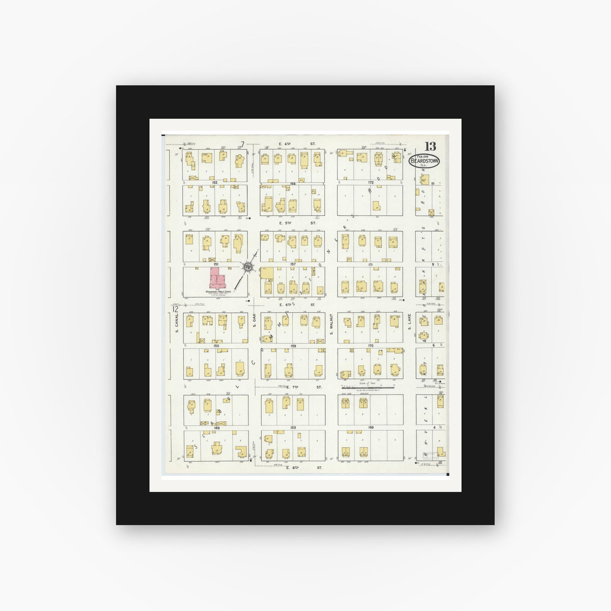 Old map wall art mockup — black gallery frame with white mat — Sanborn Fire Insurance Map from Beardstown, Cass County, Illinois (1919), Sheet #0013