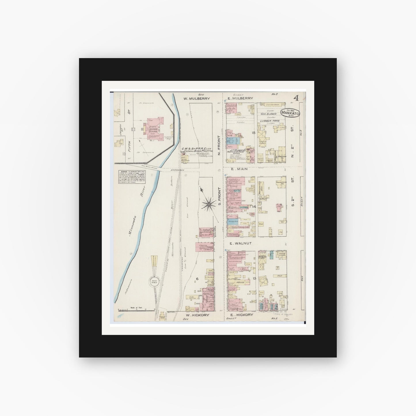 Old map wall art mockup — black gallery frame with white mat — Sanborn Fire Insurance Map from Mankato, Blue Earth County, Minnesota (1884), Sheet #0004