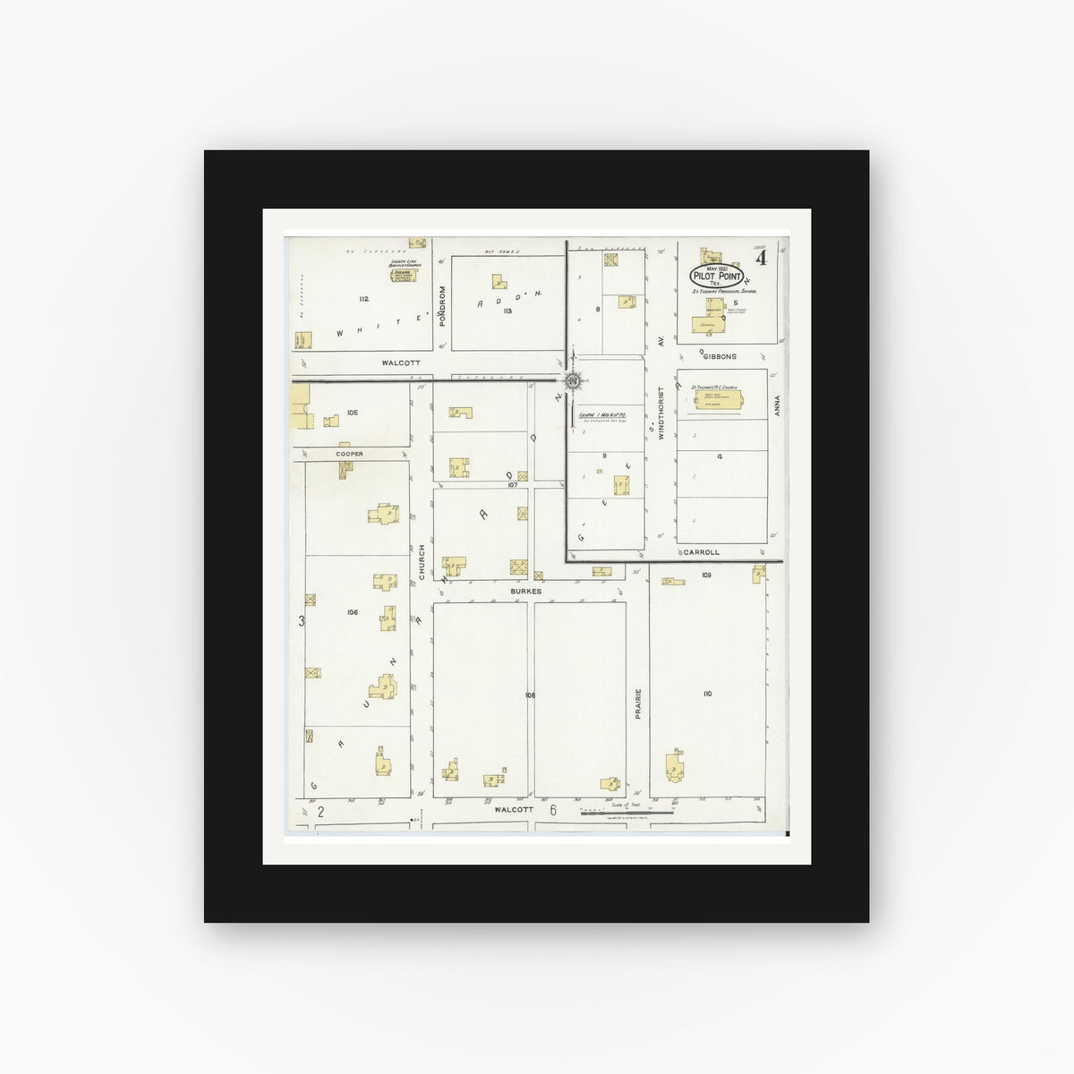 Old map wall art mockup — black gallery frame with white mat — Sanborn Fire Insurance Map from Pilot Point, Denton County, Texas (1921), Sheet #0004