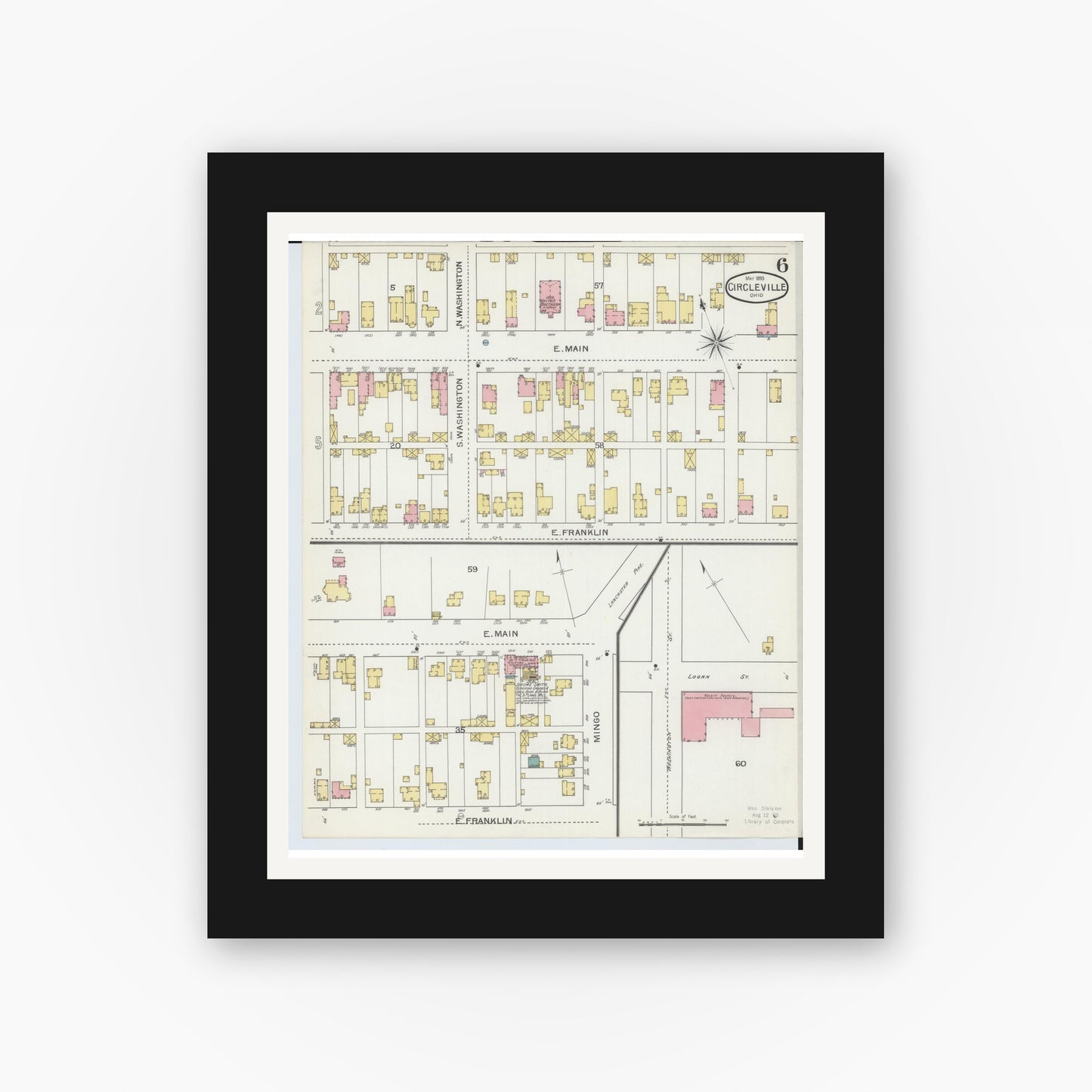 Old map wall art mockup — black gallery frame with white mat — Sanborn Fire Insurance Map from Circleville, Pickaway County, Ohio (1893), Sheet #0006