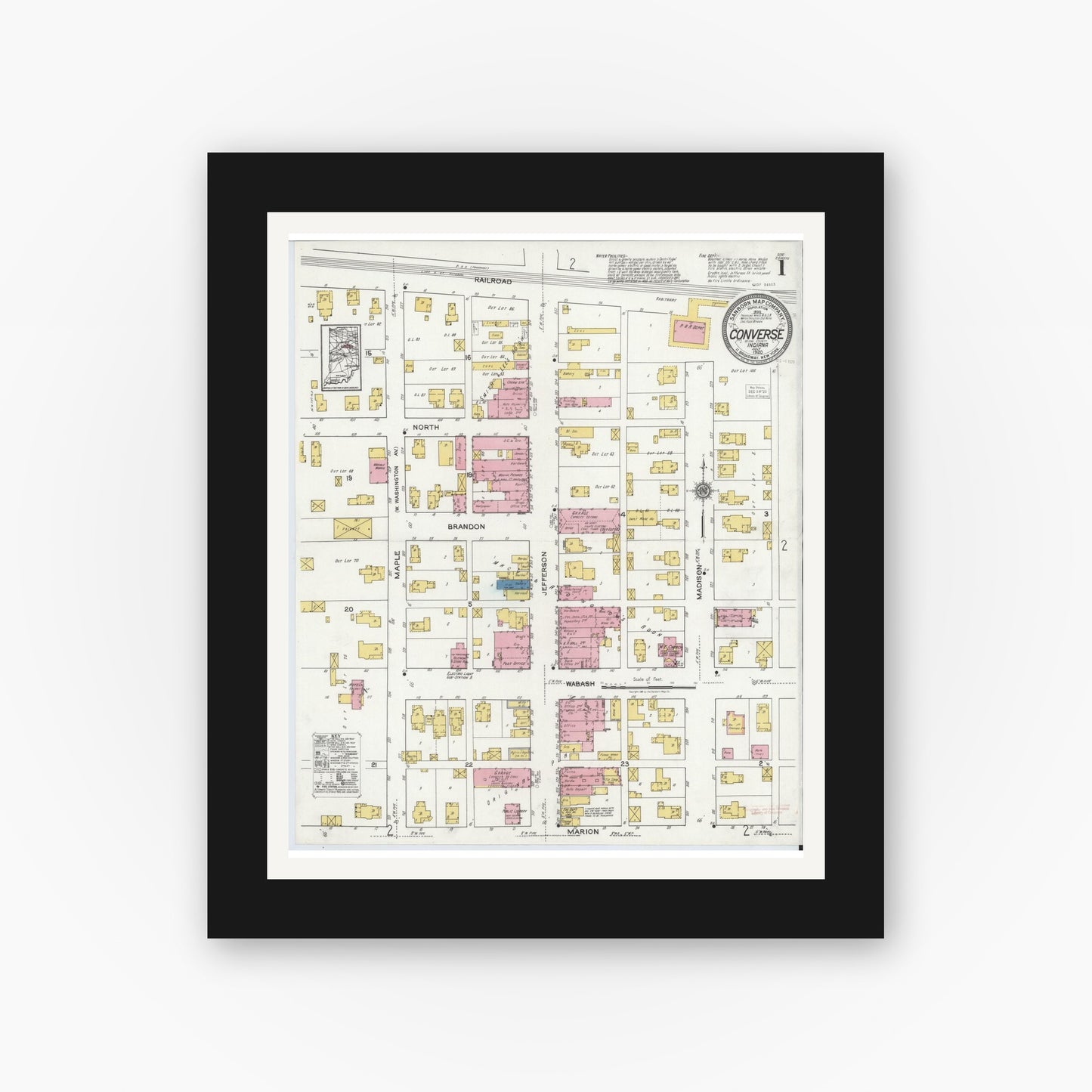 Old map wall art mockup — black gallery frame with white mat — Sanborn Fire Insurance Map from Converse, Miami County, Indiana (1920) - Complete Map Set