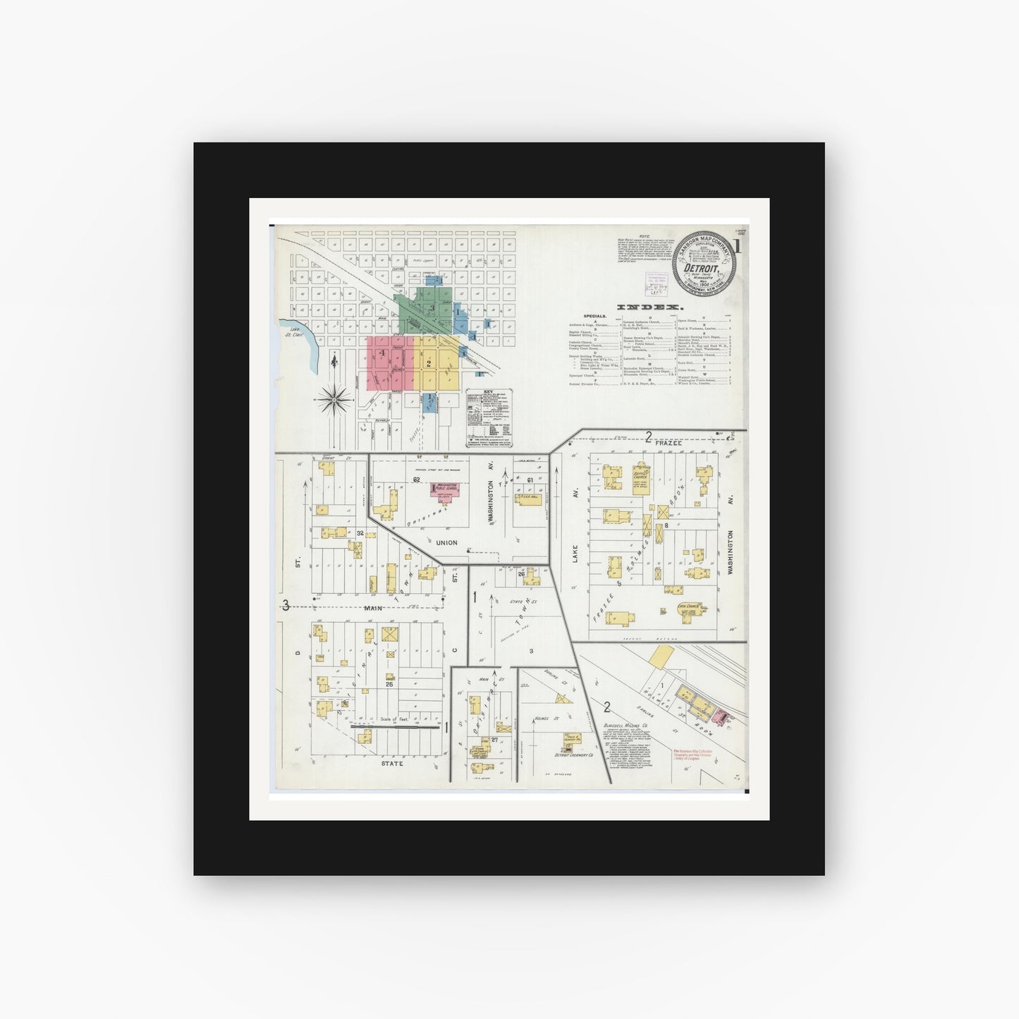 Old map wall art mockup — black gallery frame with white mat — Sanborn Fire Insurance Map from Detroit Lakes, Becker County, Minnesota (1904), Sheet #0001
