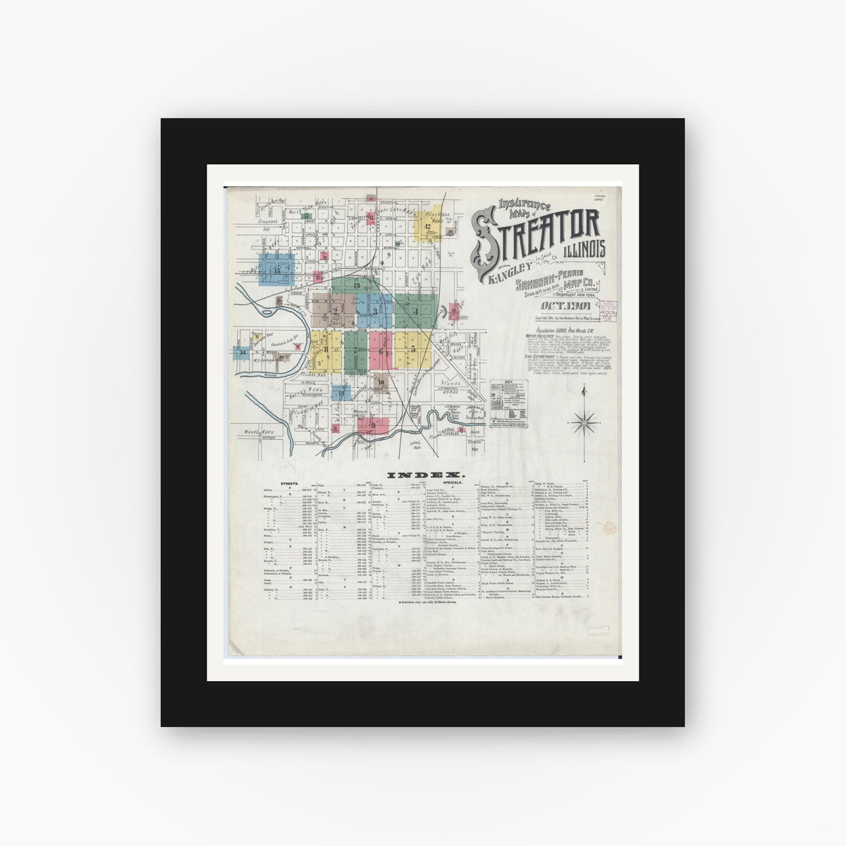 Old map wall art mockup — black gallery frame with white mat — Sanborn Fire Insurance Map from Streator, La Salle County, Illinois (1901) - Complete Map Set