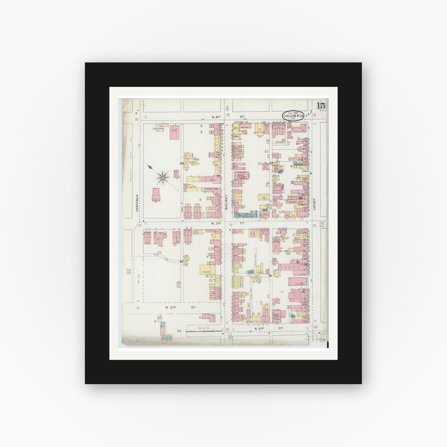 Old map wall art mockup — black gallery frame with white mat — Sanborn Fire Insurance Map from Columbia, Lancaster County, Pennsylvania (1894), Sheet #0015
