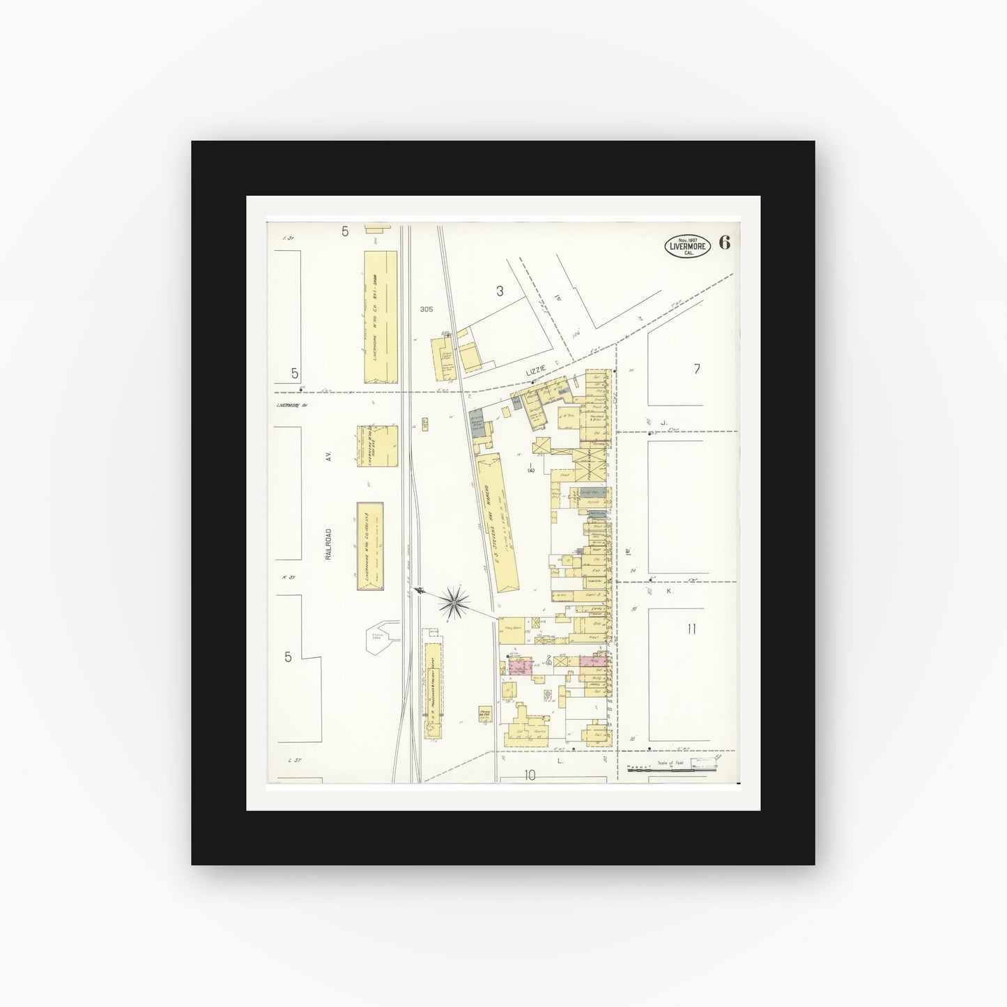 Old map wall art mockup — black gallery frame with white mat — Sanborn Fire Insurance Map from Livermore, Alameda County, California (1907), Sheet #0006