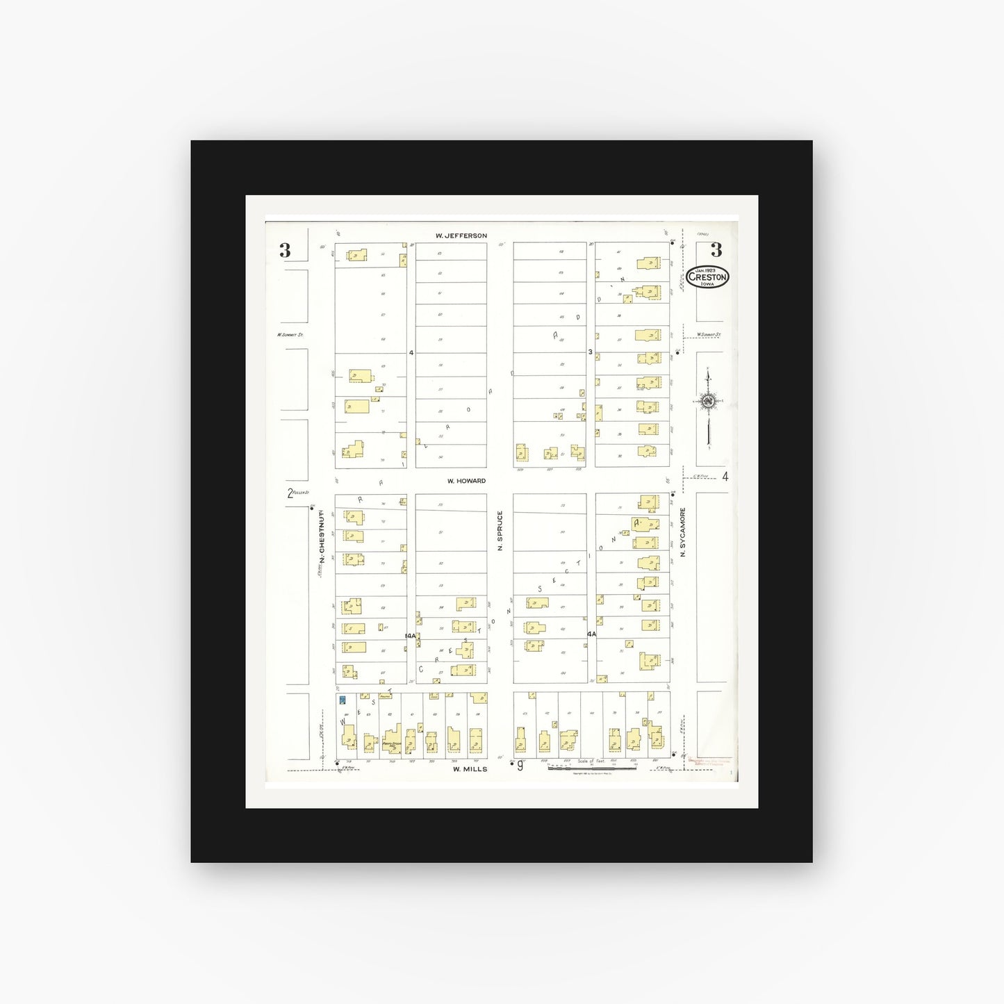 Old map wall art mockup — black gallery frame with white mat — Sanborn Fire Insurance Map from Creston, Union County, Iowa (1923), Sheet #0003