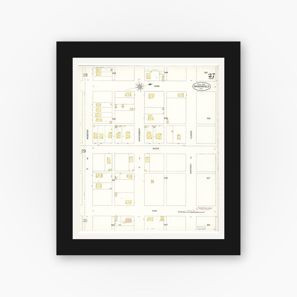 Old map wall art mockup — black gallery frame with white mat — Sanborn Fire Insurance Map from Bakersfield, Kern County, California (1905), Sheet #0027
