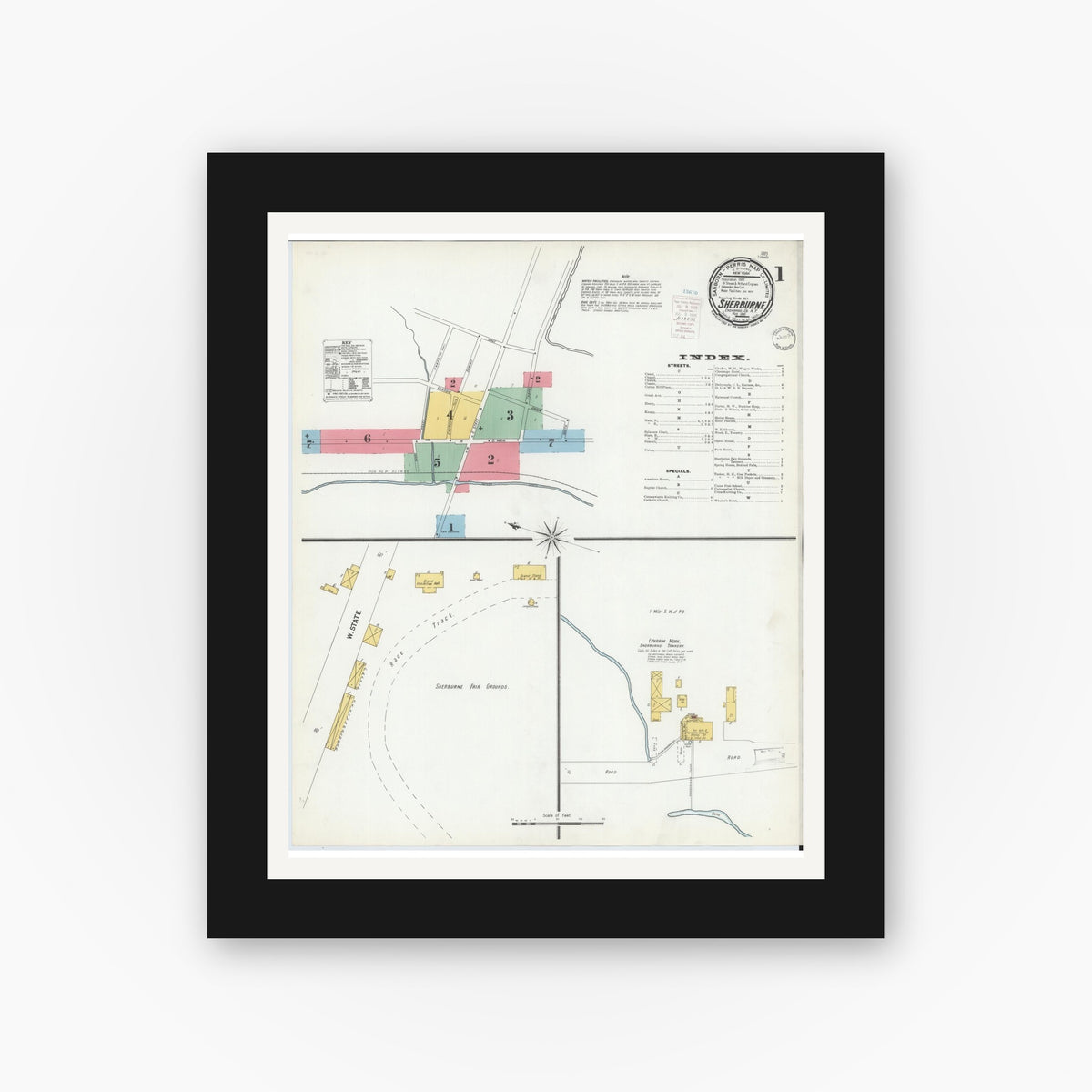 Old map wall art mockup — black gallery frame with white mat — Sanborn Fire Insurance Map from Sherburne, Chenango County, New York (1900), Sheet #0001