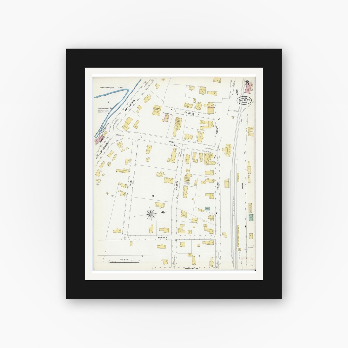 Old map wall art mockup — black gallery frame with white mat — Sanborn Fire Insurance Map from Shirley, Middlesex County, Massachusetts (1908), Sheet #0003