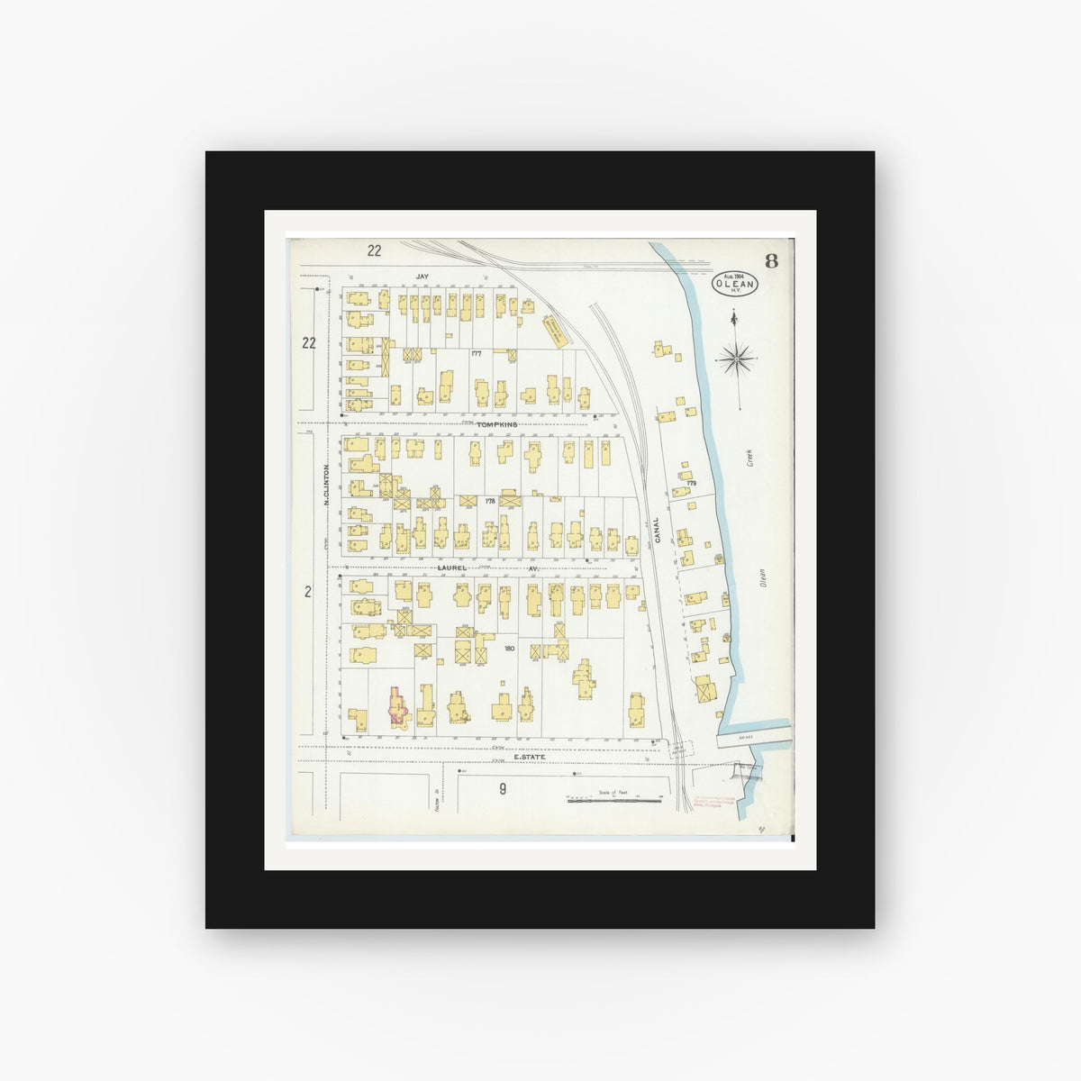 Old map wall art mockup — black gallery frame with white mat — Sanborn Fire Insurance Map from Olean, Cattaraugus County, New York (1904), Sheet #0008