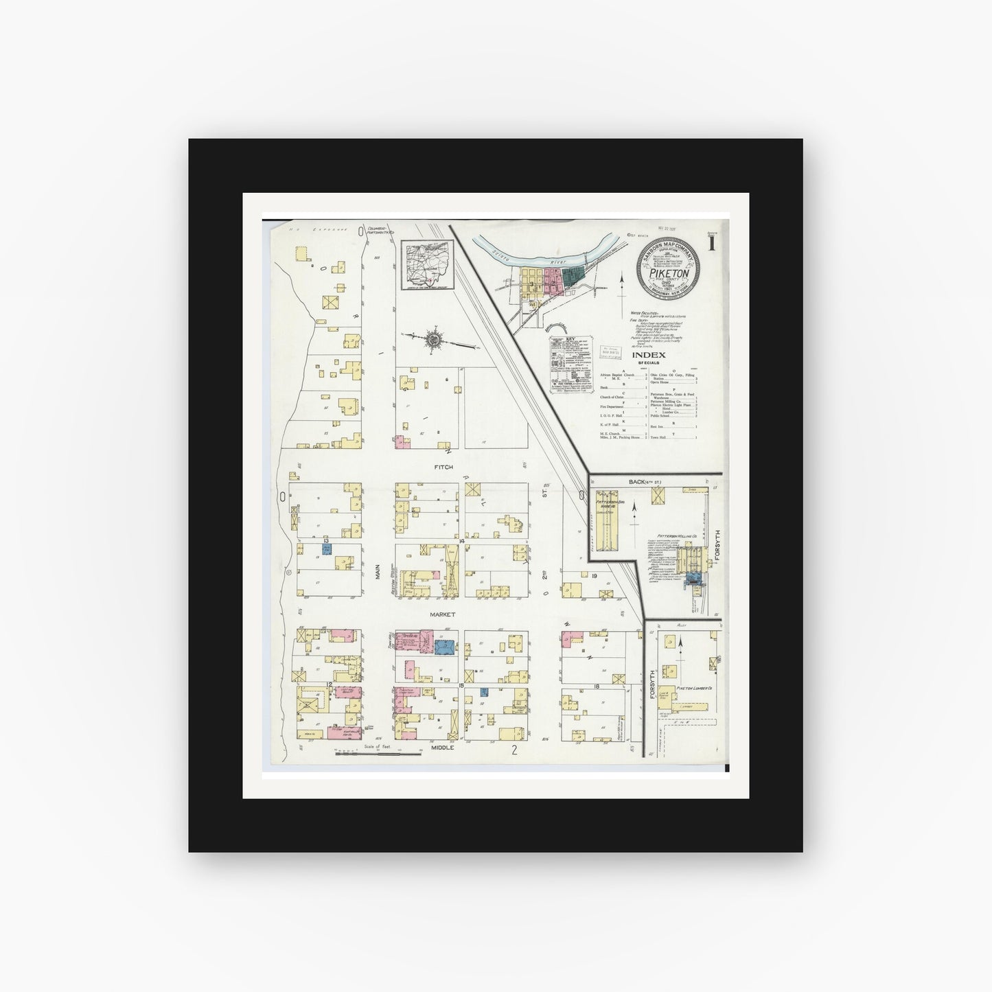 Old map wall art mockup β black gallery frame with white mat β Sanborn Fire Insurance Map from Piketon, Pike County, Ohio (1921) - Complete Map Set