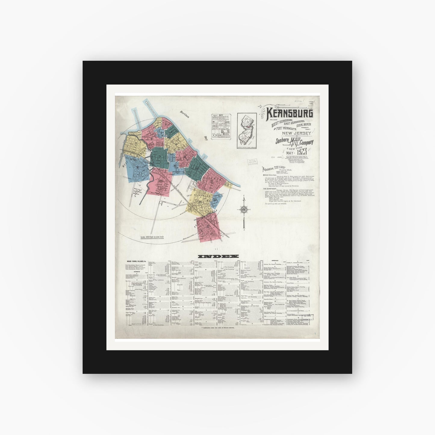 Old map wall art mockup — black gallery frame with white mat — Sanborn Fire Insurance Map from Keansburg, Monmouth County, New Jersey (1923), Sheet #0001