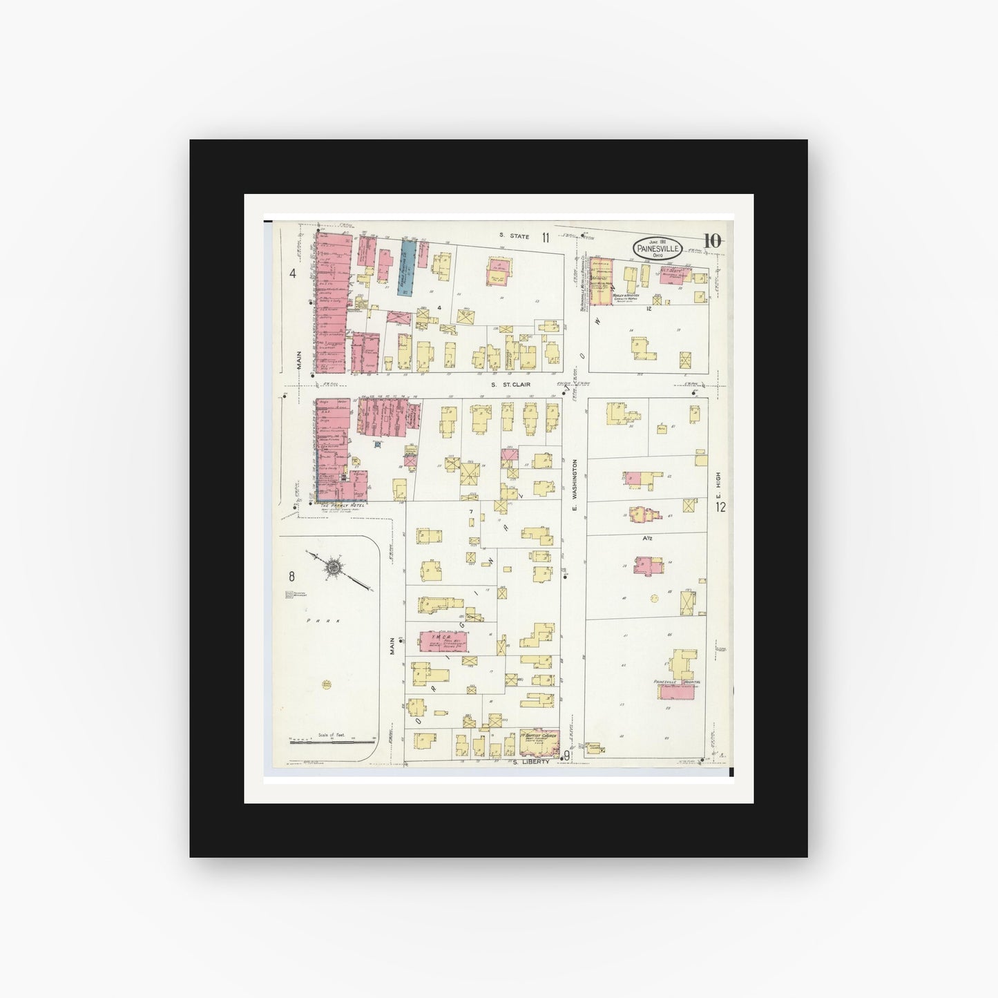 Old map wall art mockup — black gallery frame with white mat — Sanborn Fire Insurance Map from Painesville, Lake County, Ohio (1911), Sheet #0010