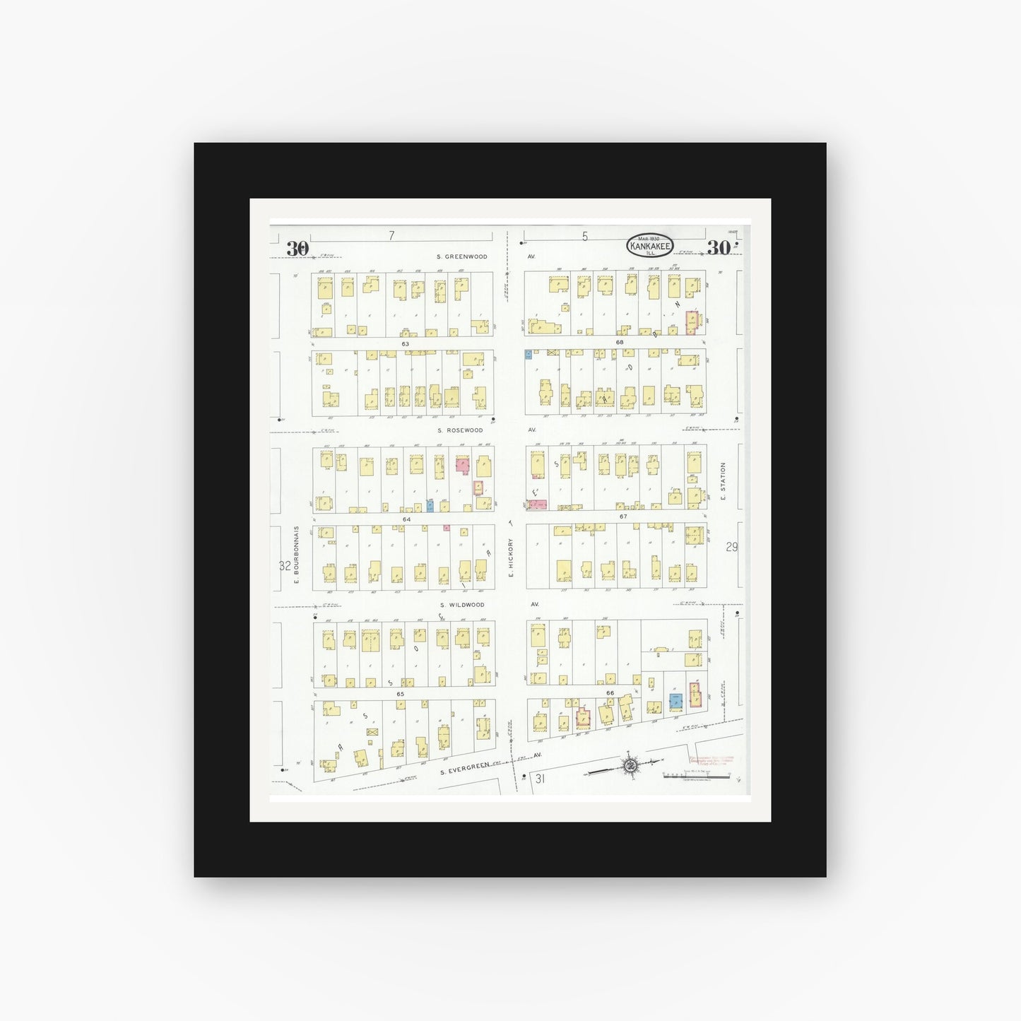 Old map wall art mockup — black gallery frame with white mat — Sanborn Fire Insurance Map from Kankakee, Kankakee County, Illinois (1930), Sheet #0030