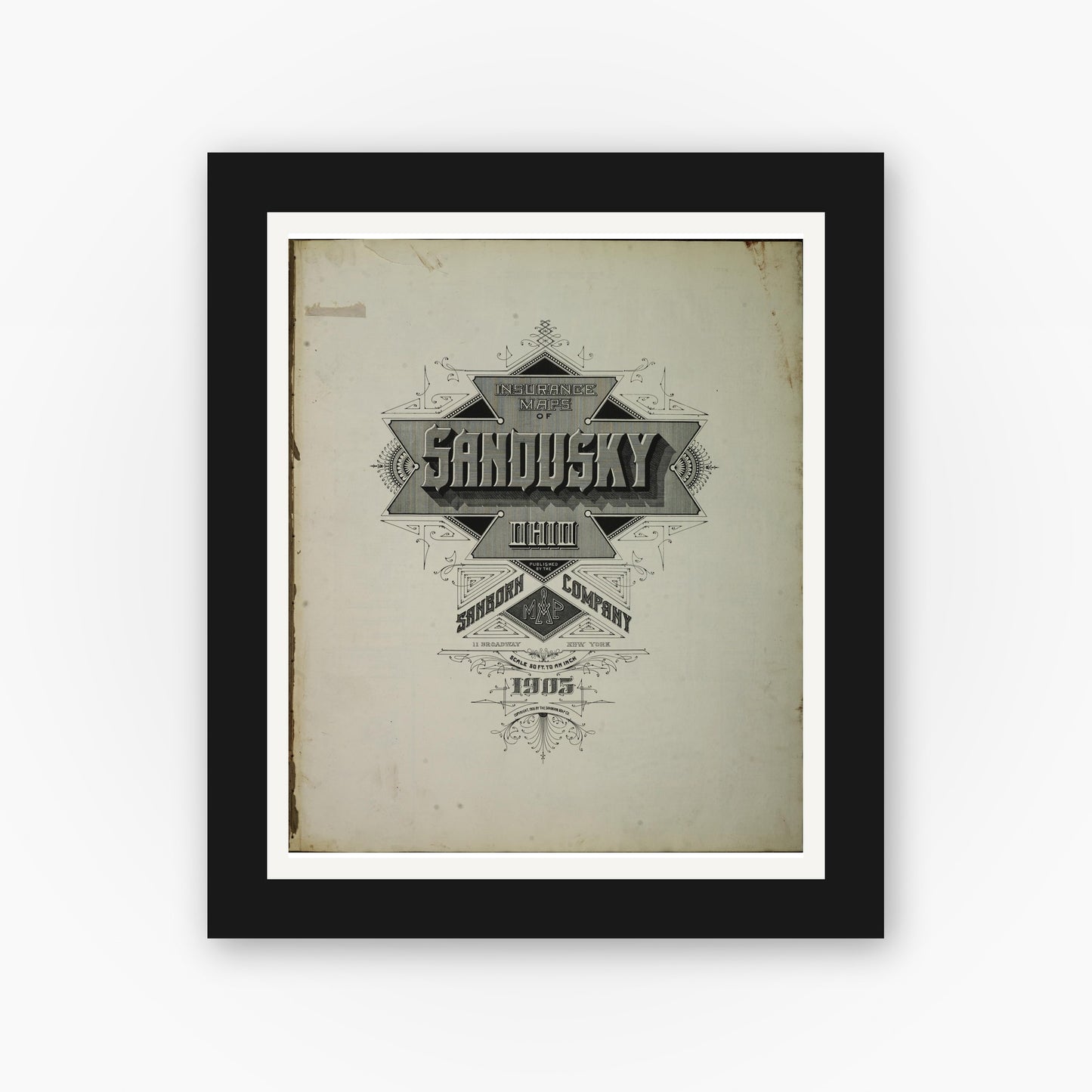 Old map wall art mockup — black gallery frame with white mat — Sanborn Fire Insurance Map from Sandusky, Erie County, Ohio (1905), Sheet #0001