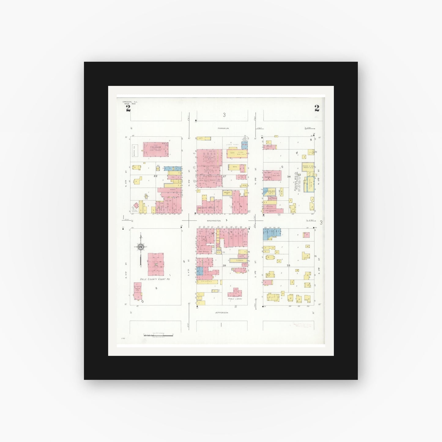 Old map wall art mockup — black gallery frame with white mat — Sanborn Fire Insurance Map from Oregon, Ogle County, Illinois (1933), Sheet #0002
