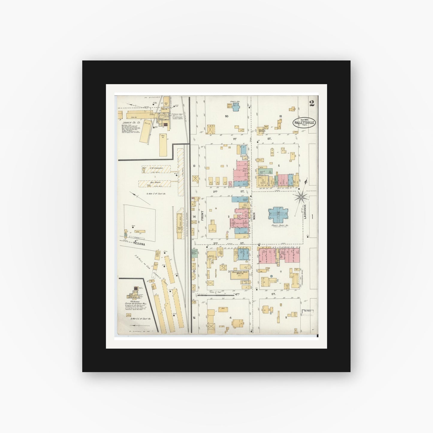 Old map wall art mockup — black gallery frame with white mat — Sanborn Fire Insurance Map from Hallettsville, Lavaca County, Texas (1900), Sheet #0002