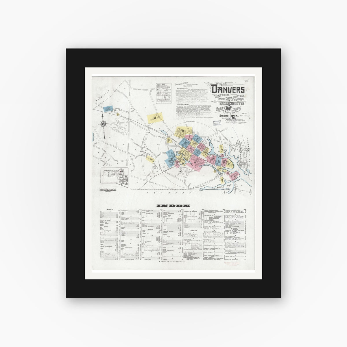 Old map wall art mockup — black gallery frame with white mat — Sanborn Fire Insurance Map from Danvers, Essex County, Massachusetts (1927), Sheet #0001