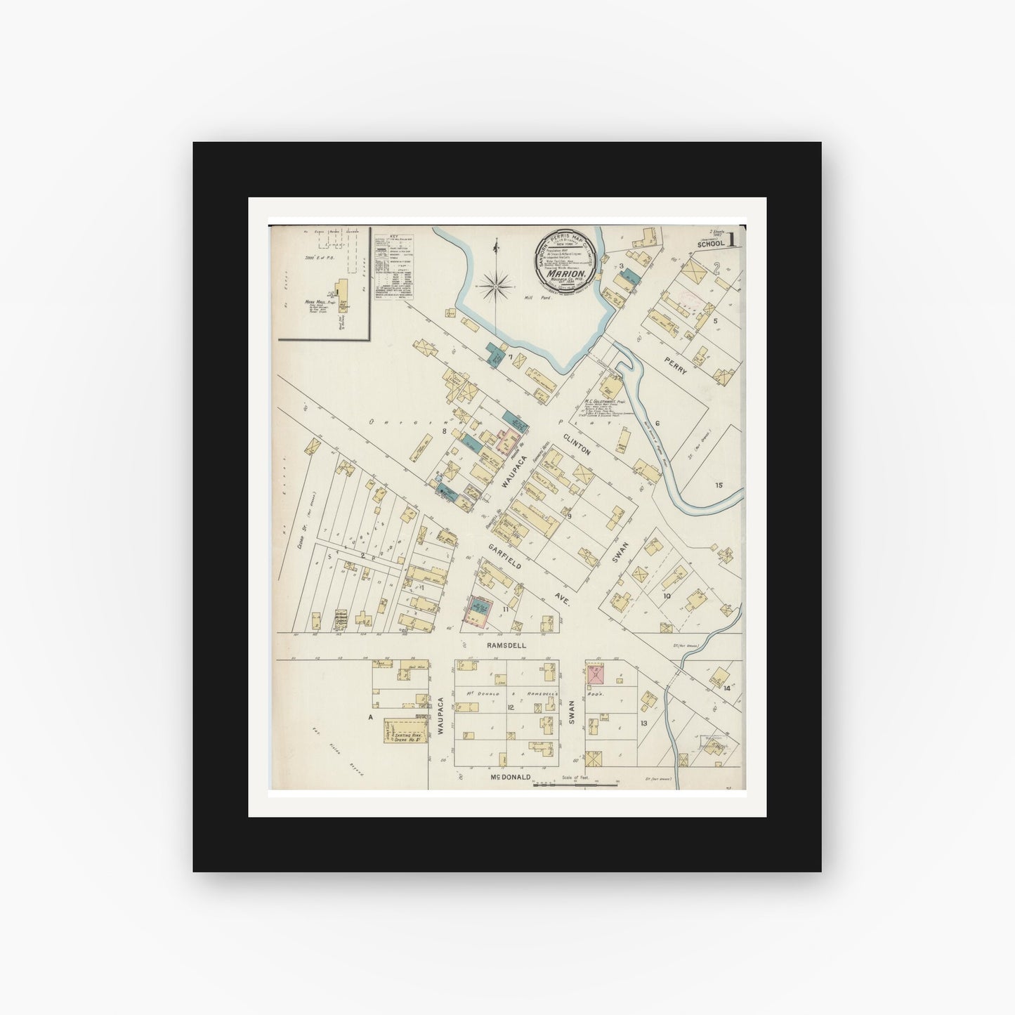 Old map wall art mockup — black gallery frame with white mat — Sanborn Fire Insurance Map from Marion, Waupaca County, Wisconsin (1894), Sheet #0001