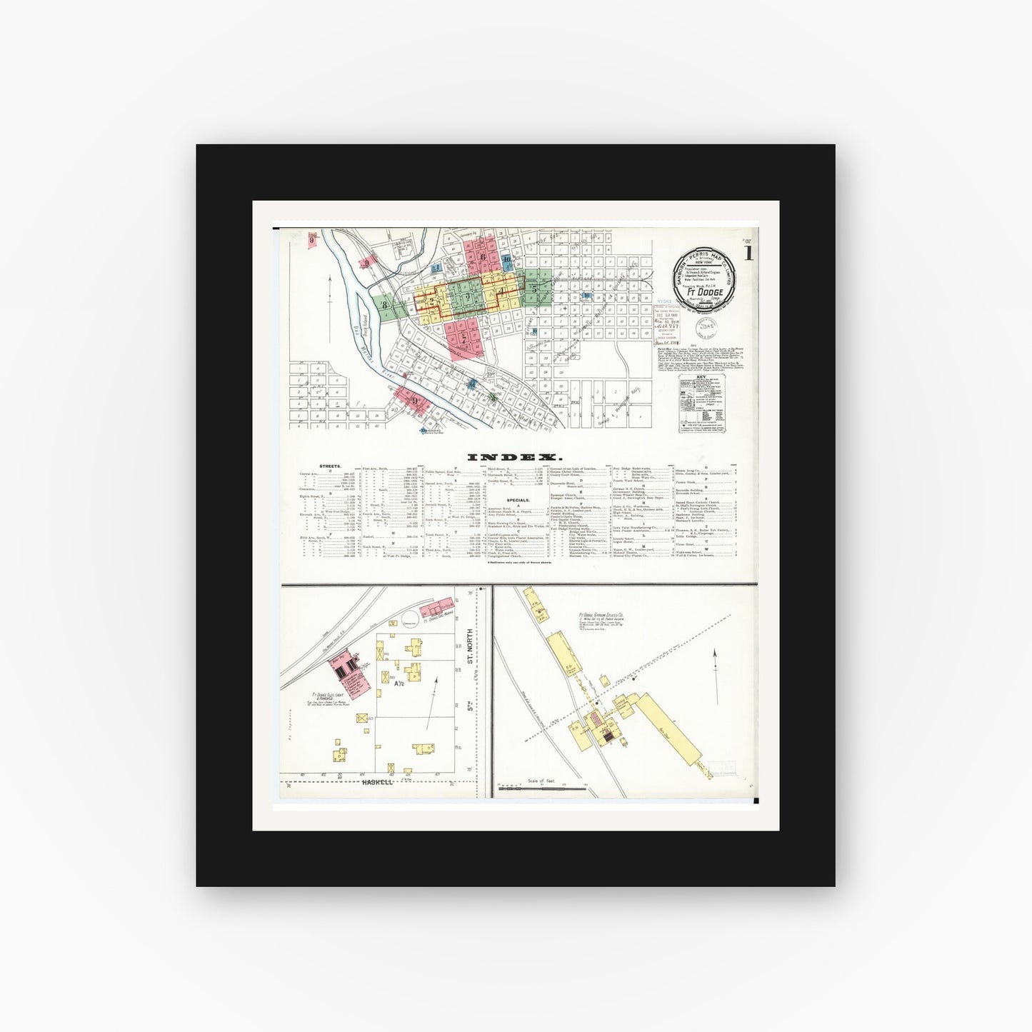 Old map wall art mockup — black gallery frame with white mat — Sanborn Fire Insurance Map from Fort Dodge, Webster County, Iowa (1900) — Complete Set