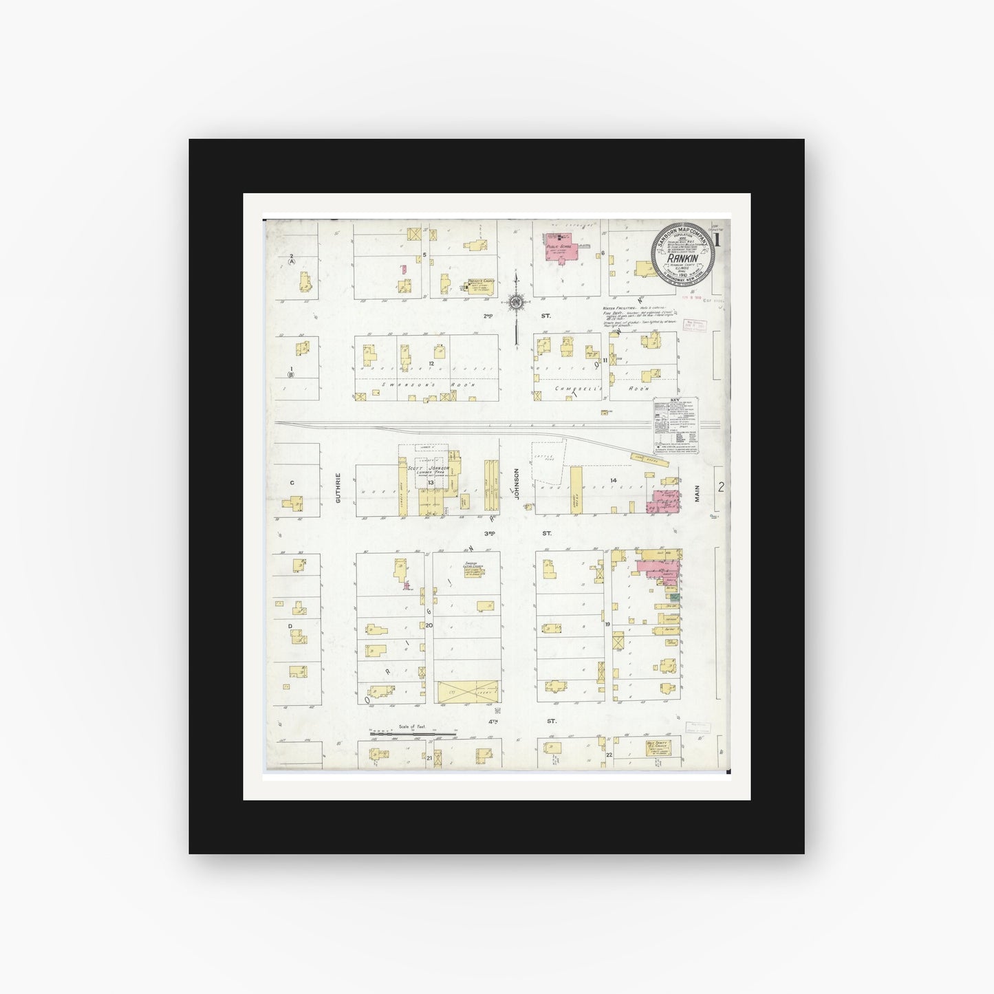 Old map wall art mockup — black gallery frame with white mat — Sanborn Fire Insurance Map from Rankin, Vermilion County, Illinois (1910) - Complete Map Set