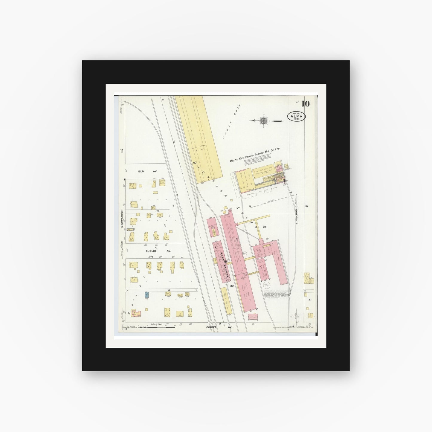Old map wall art mockup — black gallery frame with white mat — Sanborn Fire Insurance Map from Alma, Gratiot County, Michigan (1910), Sheet #0010