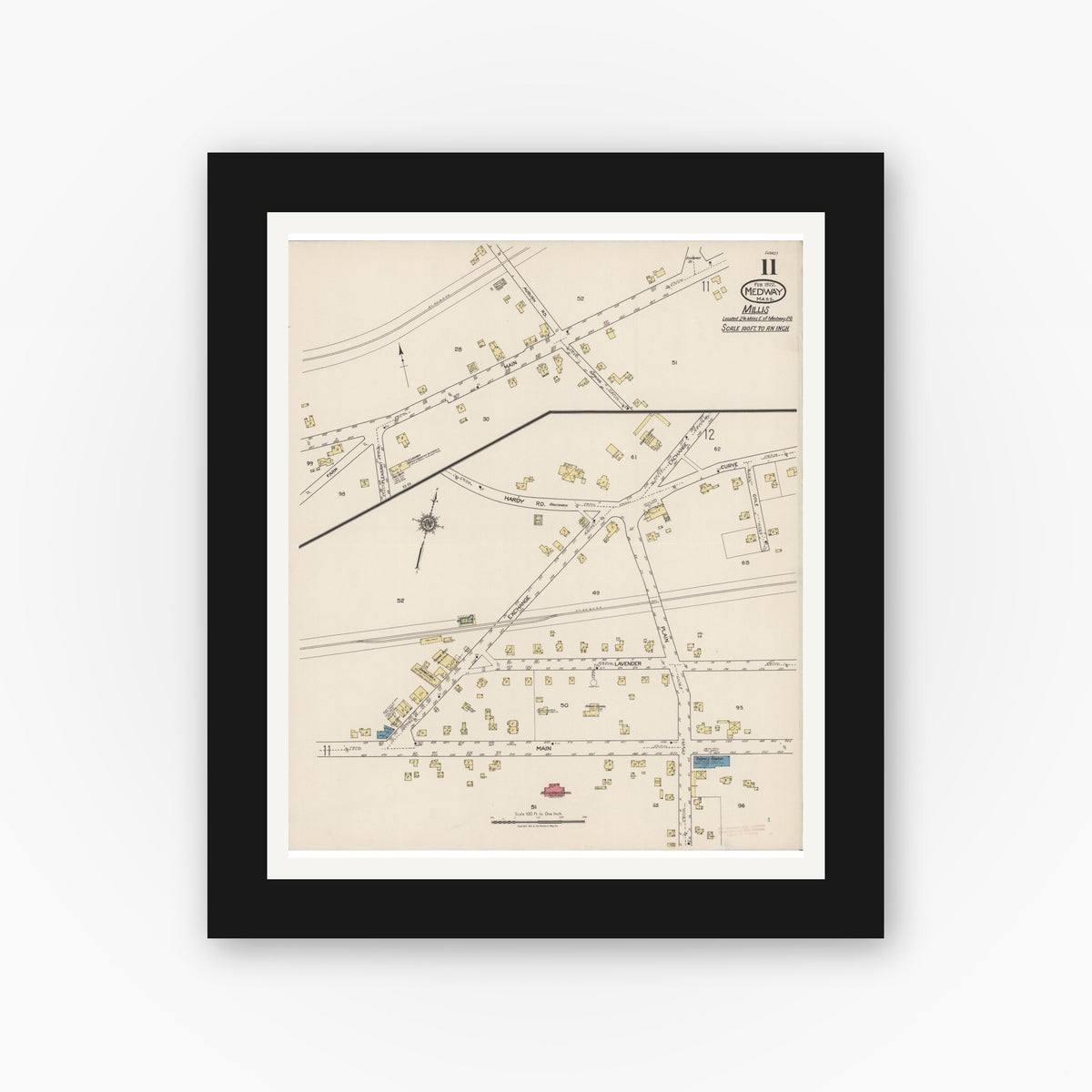 Old map wall art mockup — black gallery frame with white mat — Sanborn Fire Insurance Map from Medway, Norfolk County, Massachusetts (1922), Sheet #0011