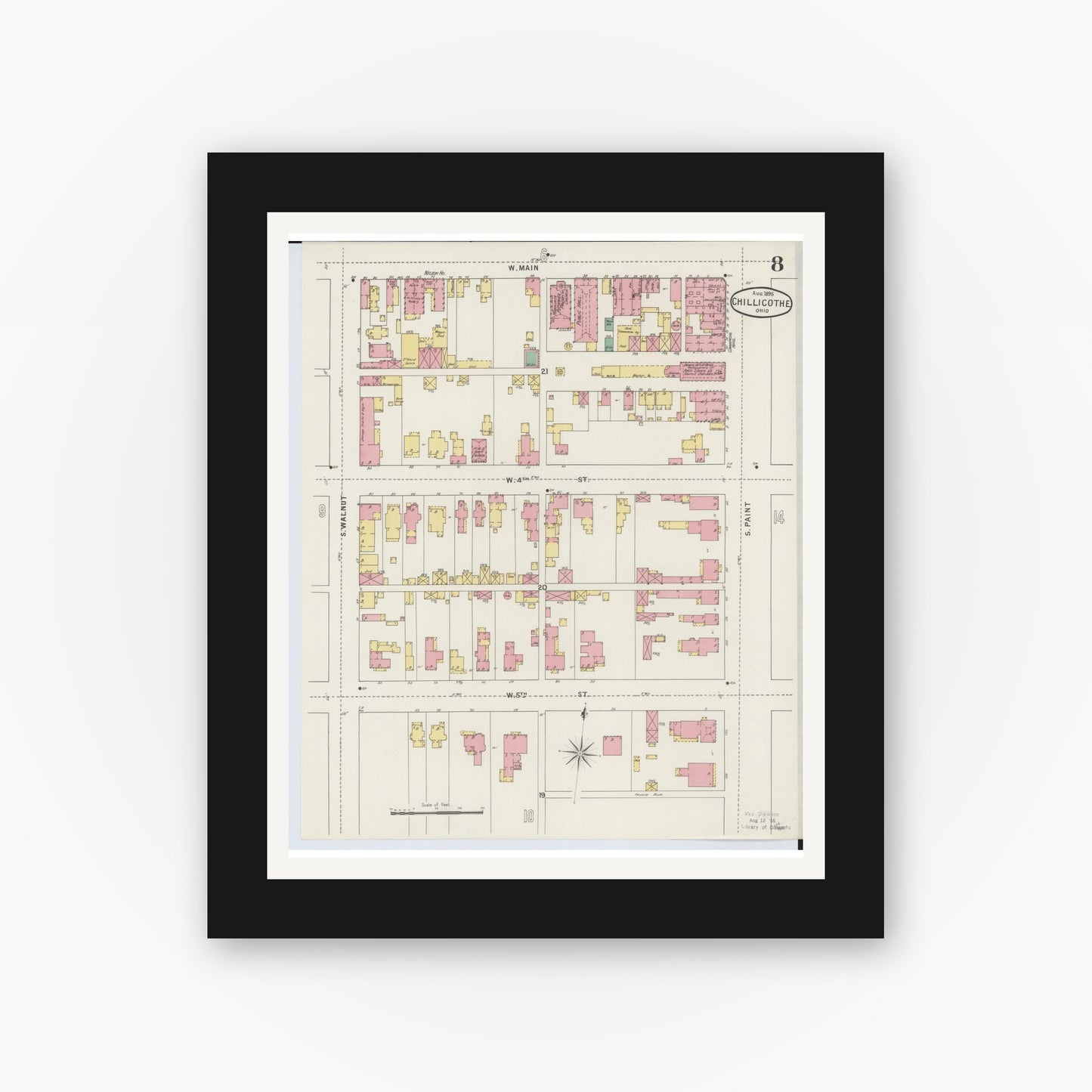Old map wall art mockup — black gallery frame with white mat — Sanborn Fire Insurance Map from Chillicothe, Ross County, Ohio (1895), Sheet #0008