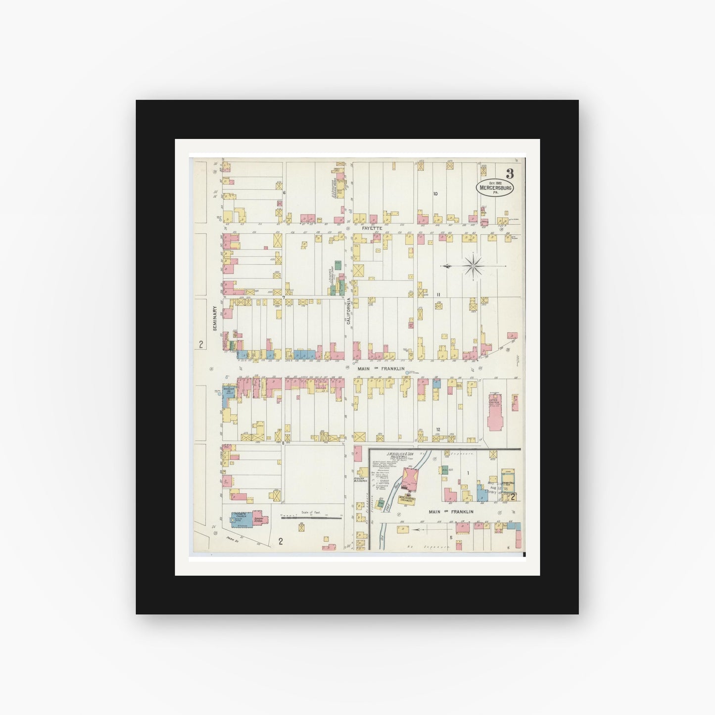 Old map wall art mockup — black gallery frame with white mat — Sanborn Fire Insurance Map from Mercersburg, Franklin County, Pennsylvania (1902), Sheet #0003