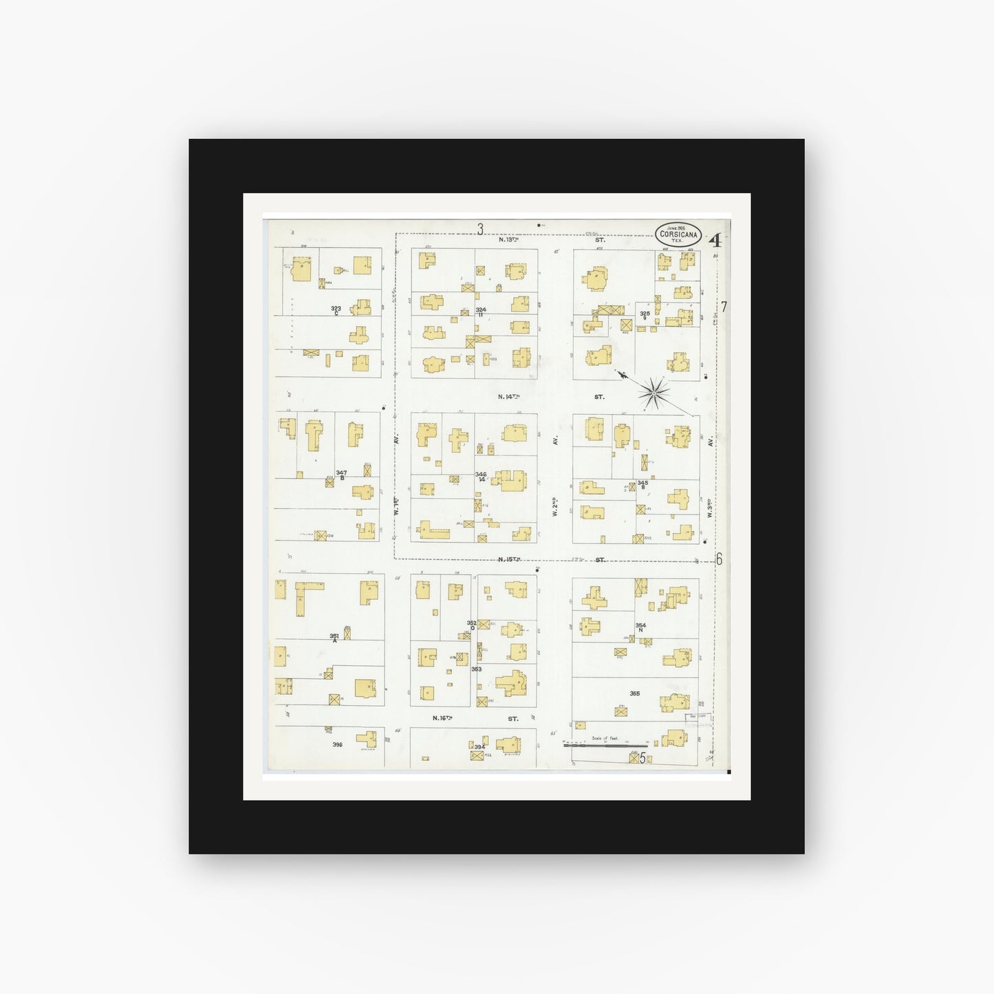 Old map wall art mockup — black gallery frame with white mat — Sanborn Fire Insurance Map from Corsicana, Navarro County, Texas (1905), Sheet #0004