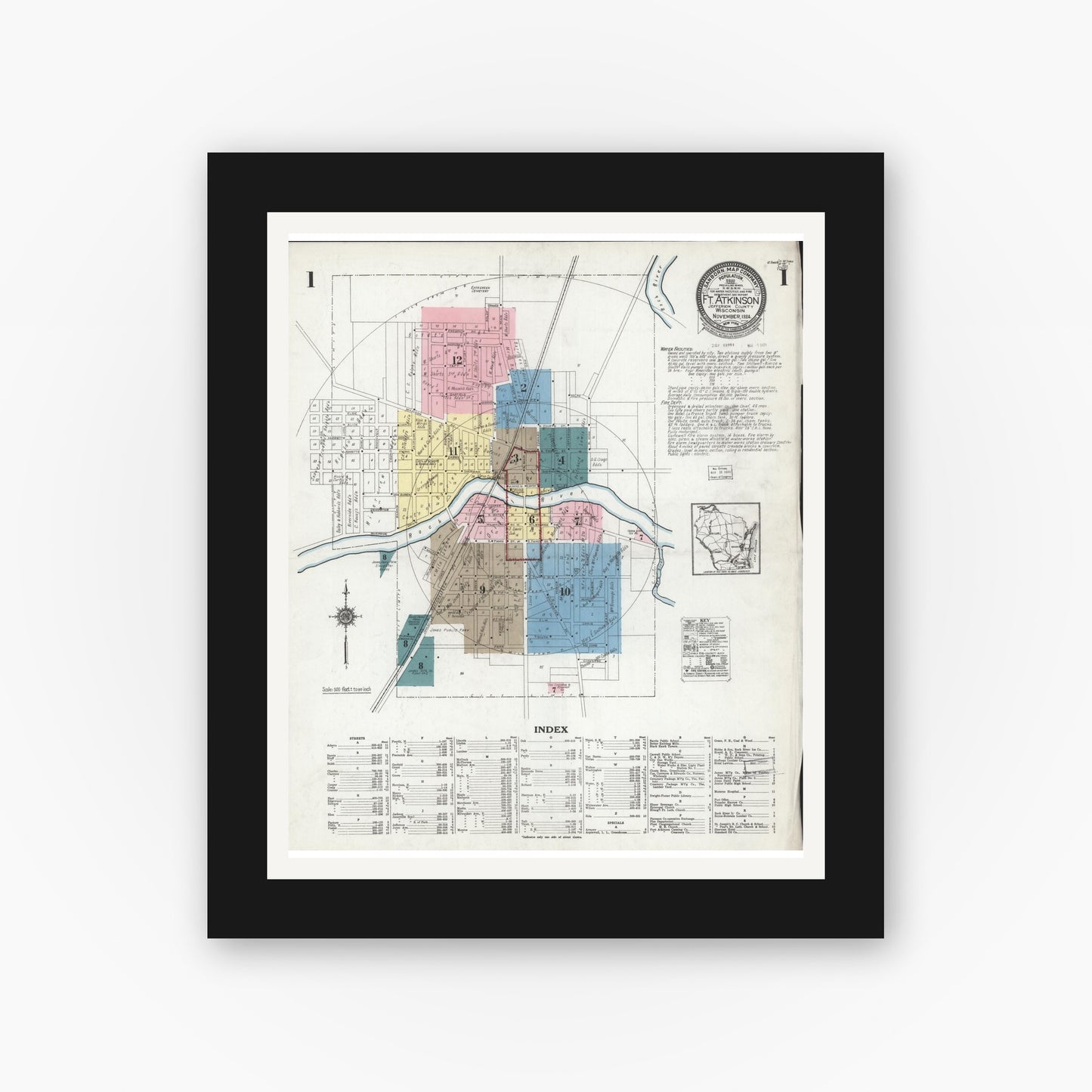 Old map wall art mockup — black gallery frame with white mat — Sanborn Fire Insurance Map from Fort Atkinson, Jefferson County, Wisconsin (1924), Sheet #0001