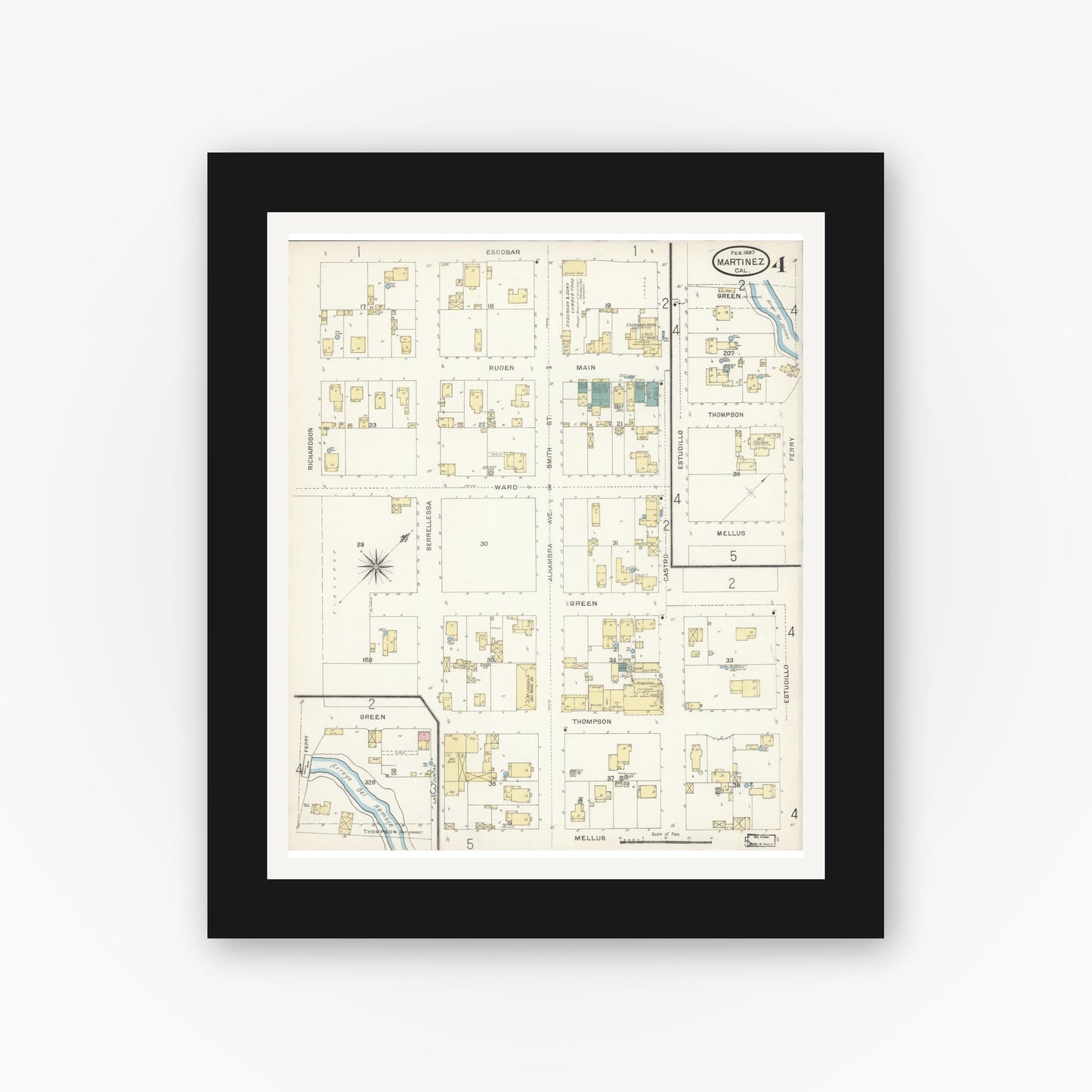 Old map wall art mockup — black gallery frame with white mat — Sanborn Fire Insurance Map from Martinez, Contra Costa County, California (1897), Sheet #0004