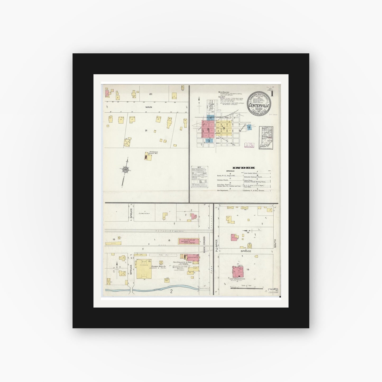 Old map wall art mockup — black gallery frame with white mat — Sanborn Fire Insurance Map from Centerville, Wayne County, Indiana (1913) - Complete Map Set