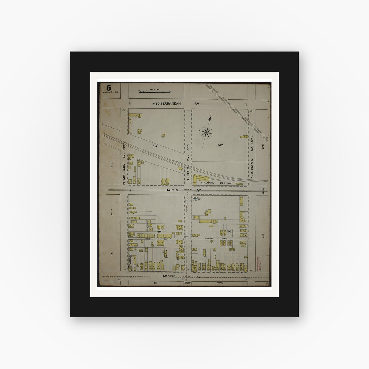 Old map wall art mockup — black gallery frame with white mat — Sanborn Fire Insurance Map from Atlantic City, Atlantic County, New Jersey (1886), Sheet #0005