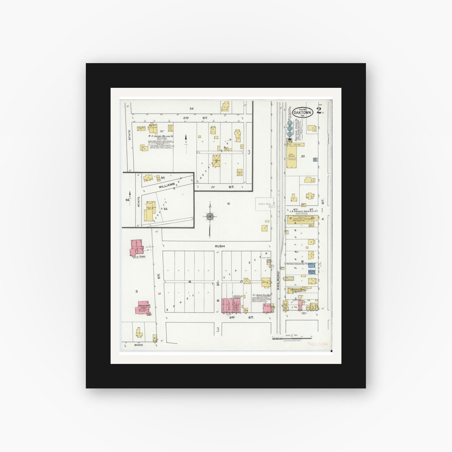 Old map wall art mockup — black gallery frame with white mat — Sanborn Fire Insurance Map from Oaktown, Knox County, Indiana (1921), Sheet #0002