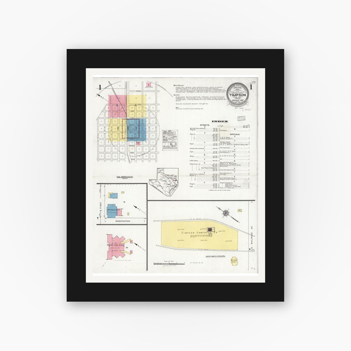 Old map wall art mockup — black gallery frame with white mat — Sanborn Fire Insurance Map from Timpson, Shelby County, Texas (1927), Sheet #0001