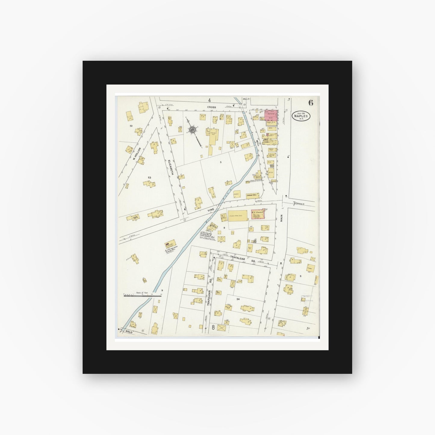 Old map wall art mockup — black gallery frame with white mat — Sanborn Fire Insurance Map from Naples, Ontario County, New York (1911), Sheet #0006