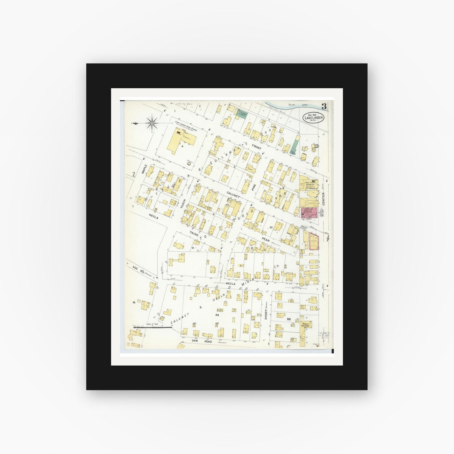 Old map wall art mockup — black gallery frame with white mat — Sanborn Fire Insurance Map from Lake Linden, Houghton County, Michigan (1908), Sheet #0003