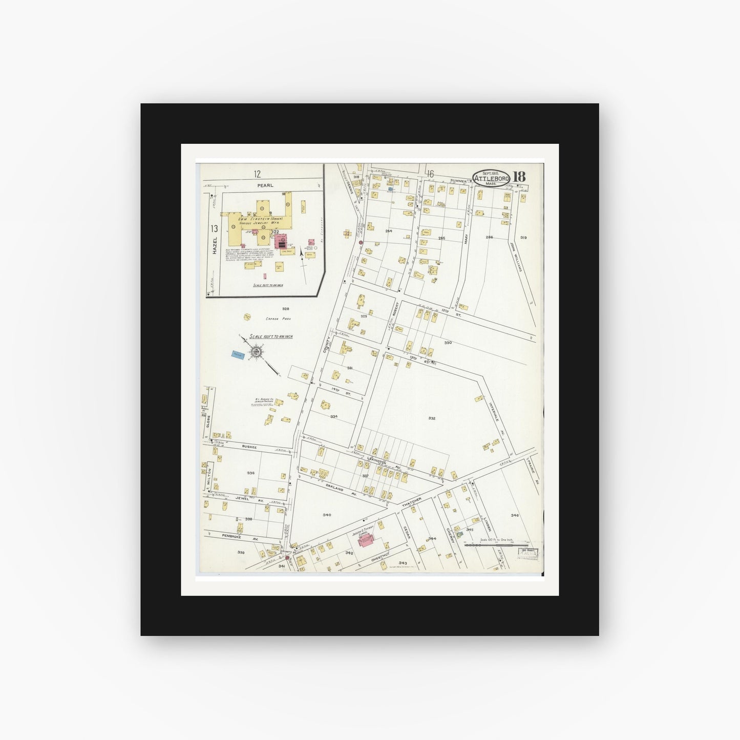 Old map wall art mockup — black gallery frame with white mat — Sanborn Fire Insurance Map from Attleboro, Bristol County, Massachusetts (1916), Sheet #0018