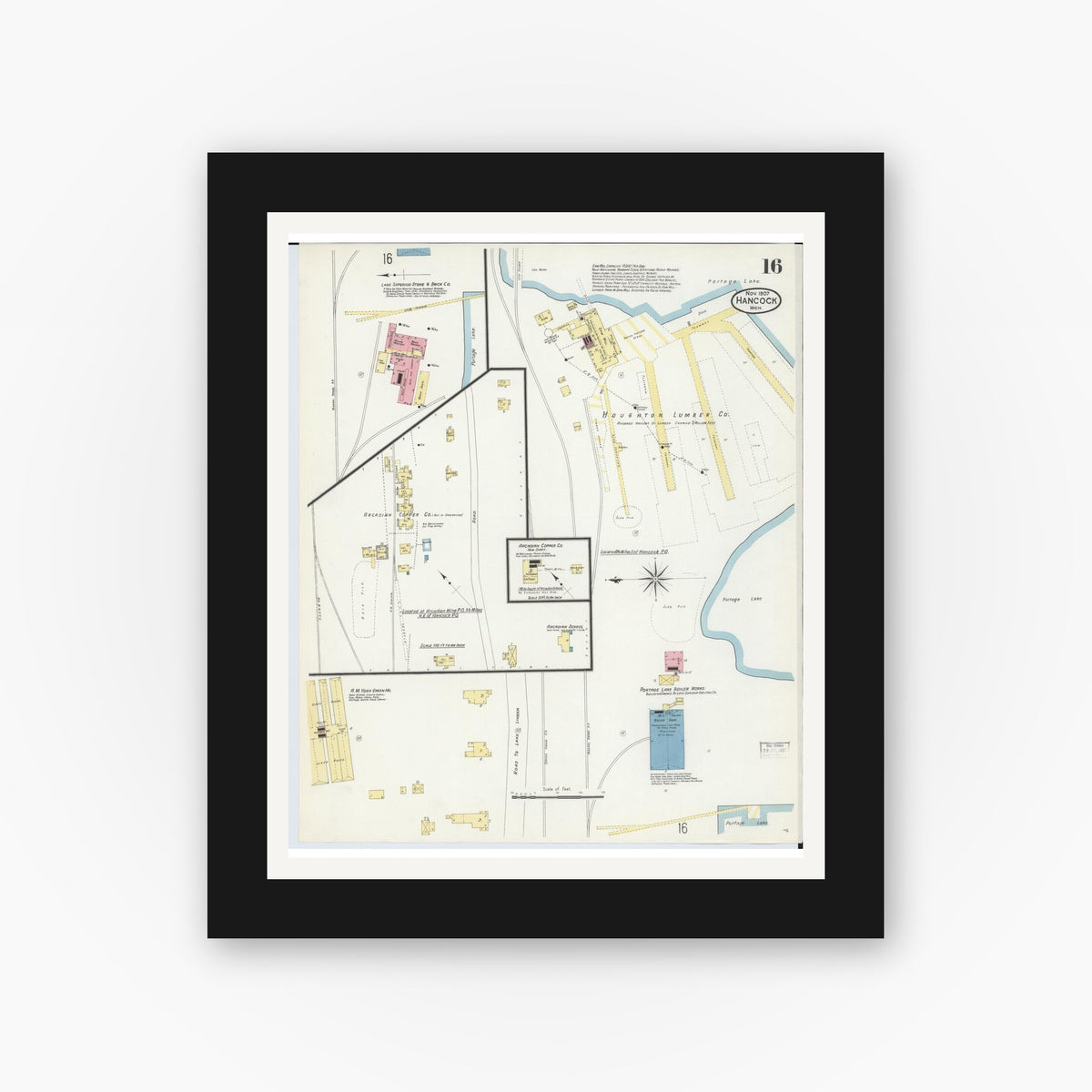 Old map wall art mockup β black gallery frame with white mat β Sanborn Fire Insurance Map from Hancock, Houghton County, Michigan (1907), Sheet #0016