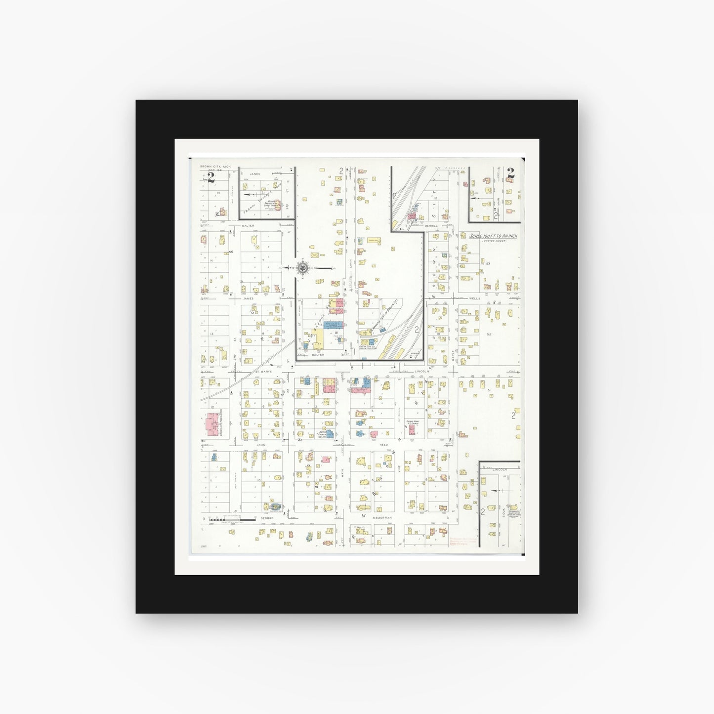 Old map wall art mockup — black gallery frame with white mat — Sanborn Fire Insurance Map from Brown City, Sanilac County, Michigan (1941), Sheet #0002