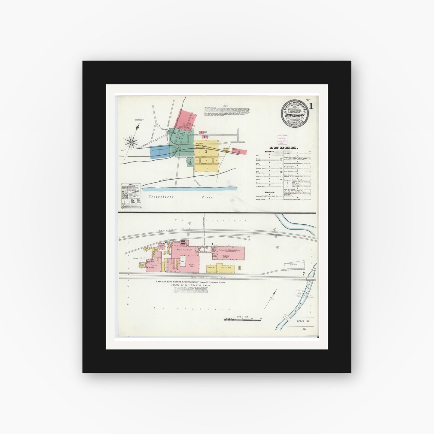 Old map wall art mockup — black gallery frame with white mat — Sanborn Fire Insurance Map from Montgomery, Lycoming County, Pennsylvania (1906), Sheet #0001