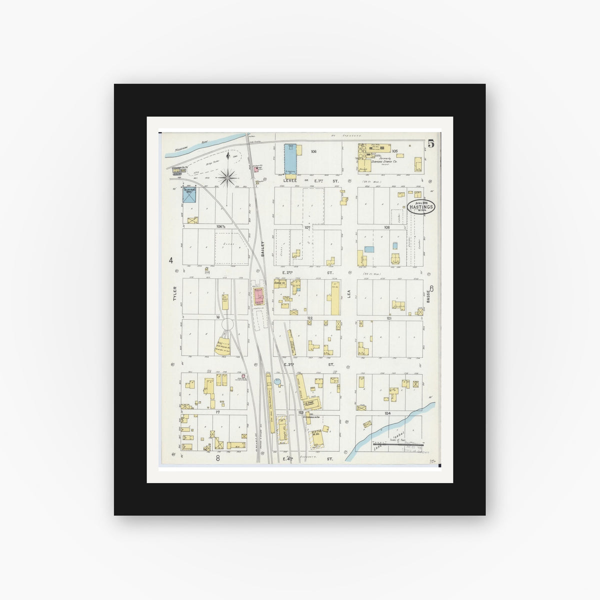 Old map wall art mockup — black gallery frame with white mat — Sanborn Fire Insurance Map from Hastings, Dakota County, Minnesota (1898), Sheet #0005