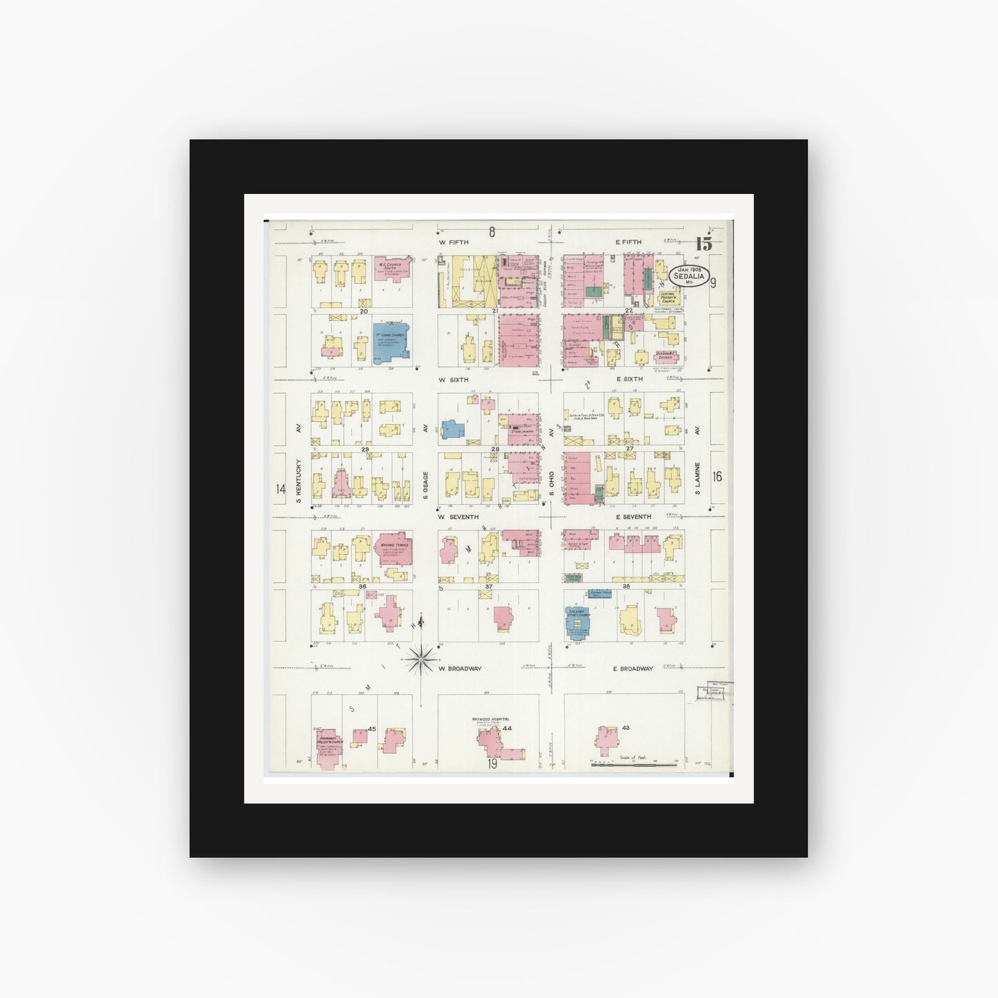 Old map wall art mockup — black gallery frame with white mat — Sanborn Fire Insurance Map from Sedalia, Pettis County, Missouri (1908), Sheet #0015